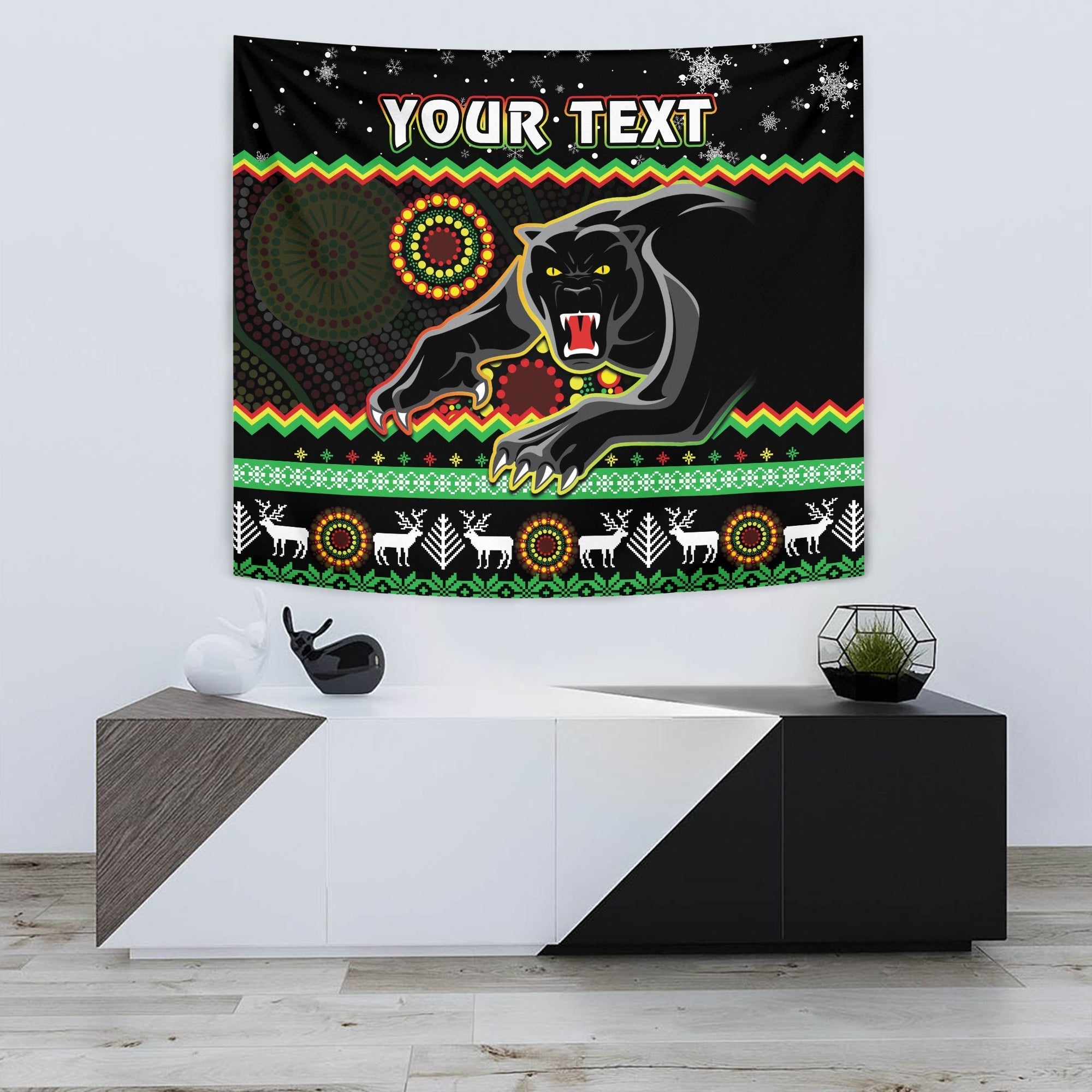 (Custom Personalised) Panthers Christmas Tapestry Aboriginal Pattern Penrith Black Version - Vibe Hoodie Shop