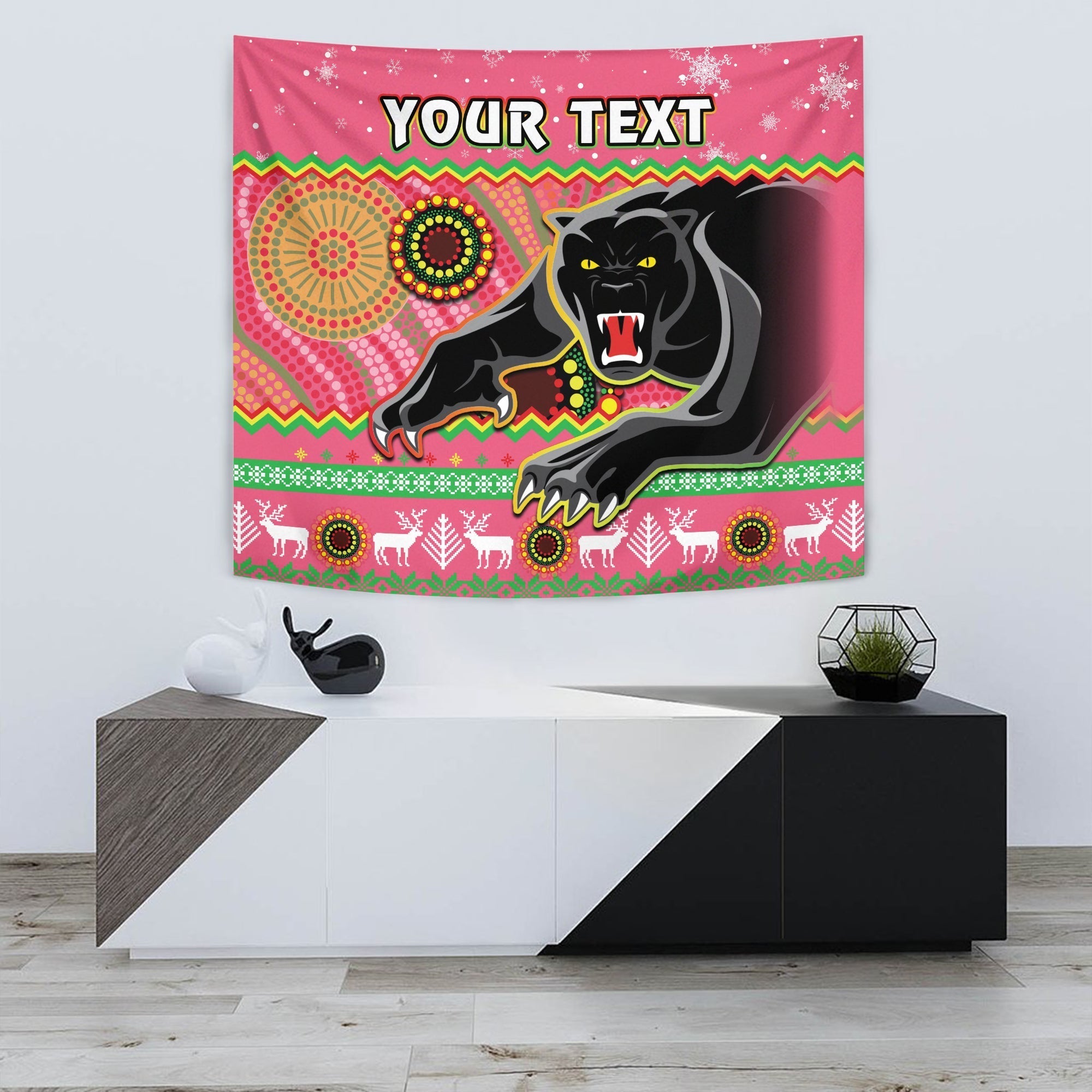 (Custom Personalised) Panthers Christmas Tapestry Aboriginal Pattern Penrith Pink Version - Vibe Hoodie Shop