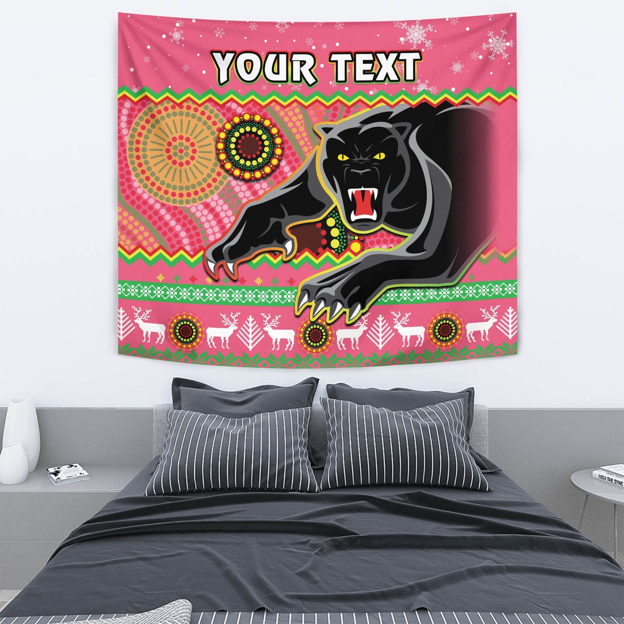 (Custom Personalised) Panthers Christmas Tapestry Aboriginal Pattern Penrith Pink Version - Vibe Hoodie Shop