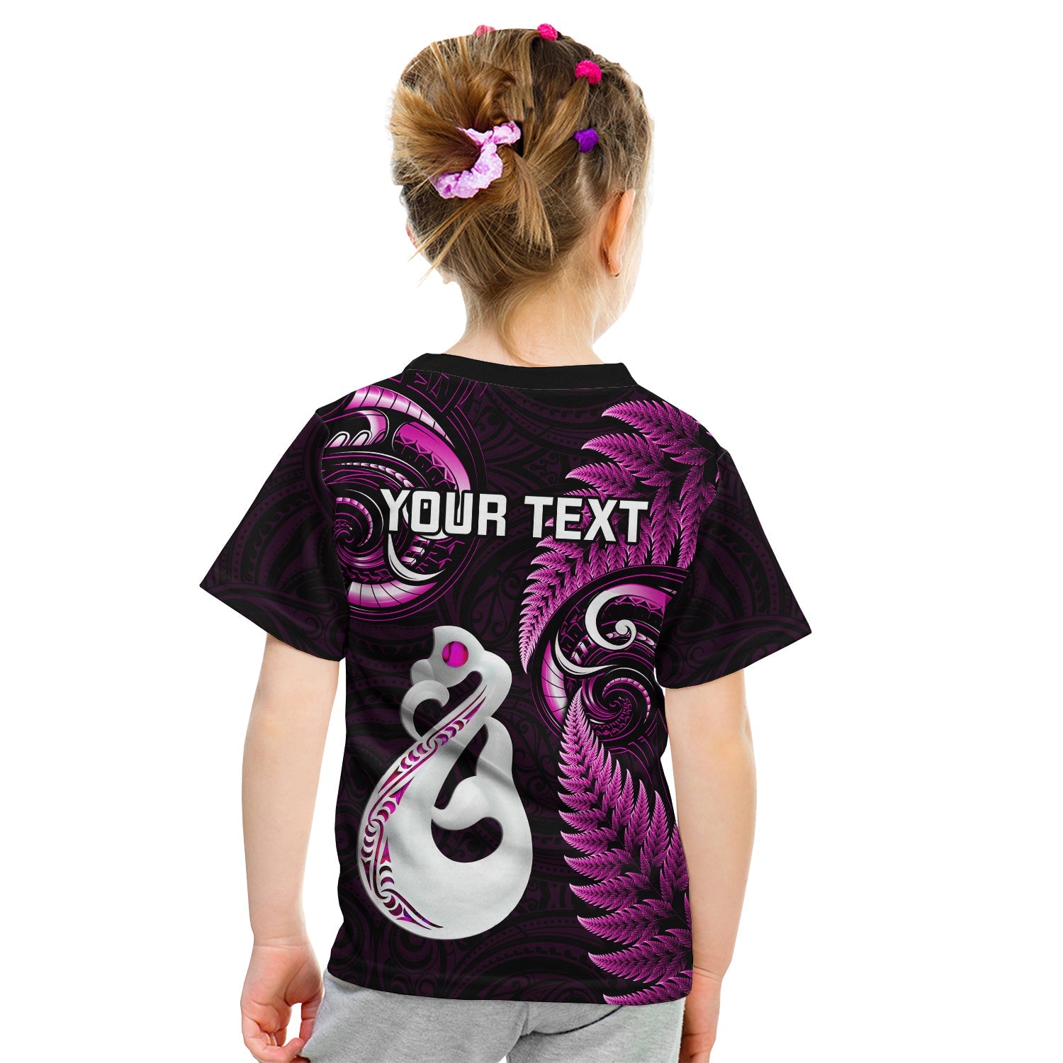 Personalised New Zealand Kid T Shirt Aotearoa Silver Fern With Manaia Maori Unique Pink - Vibe Hoodie Shop