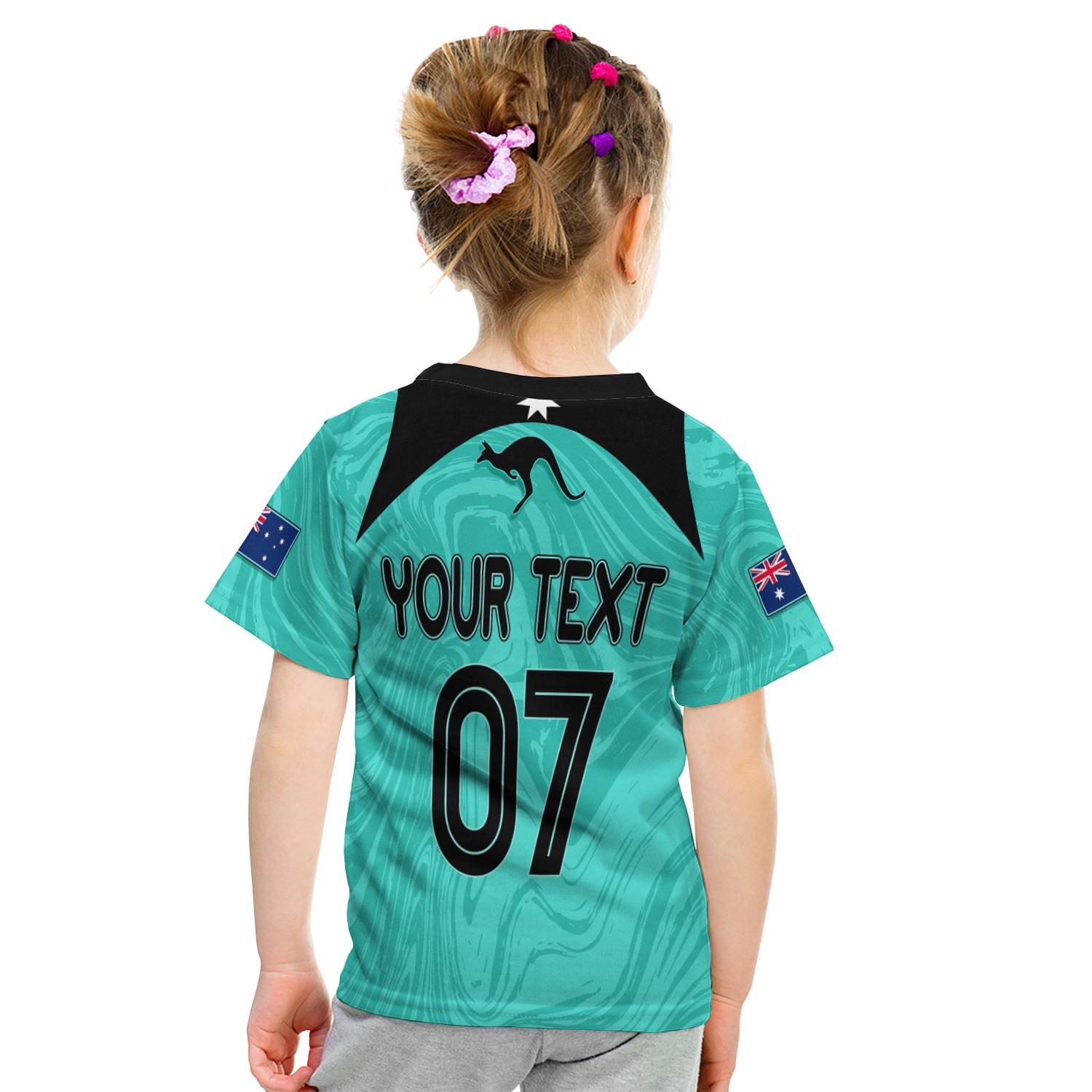 Personalised Aussie Matildas Kid T shirt 2023 Sam Kerr World Cup Marble Patterns - Turquoise - Vibe Hoodie Shop