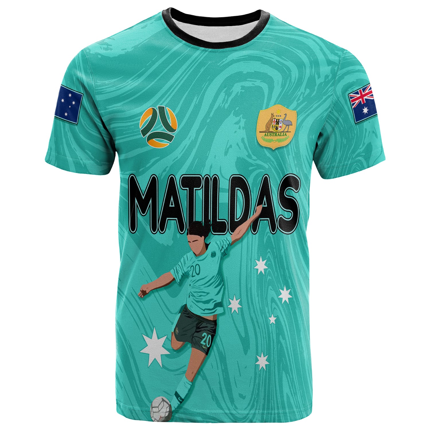 Personalised Aussie Matildas T shirt 2023 Sam Kerr World Cup Marble Patterns - Turquoise - Vibe Hoodie Shop