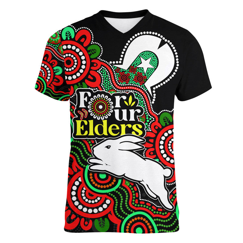 Rabbitohs Rugby V-Neck T Shirt NAIDOC Torres Strait For Our Elders - Vibe Hoodie Shop