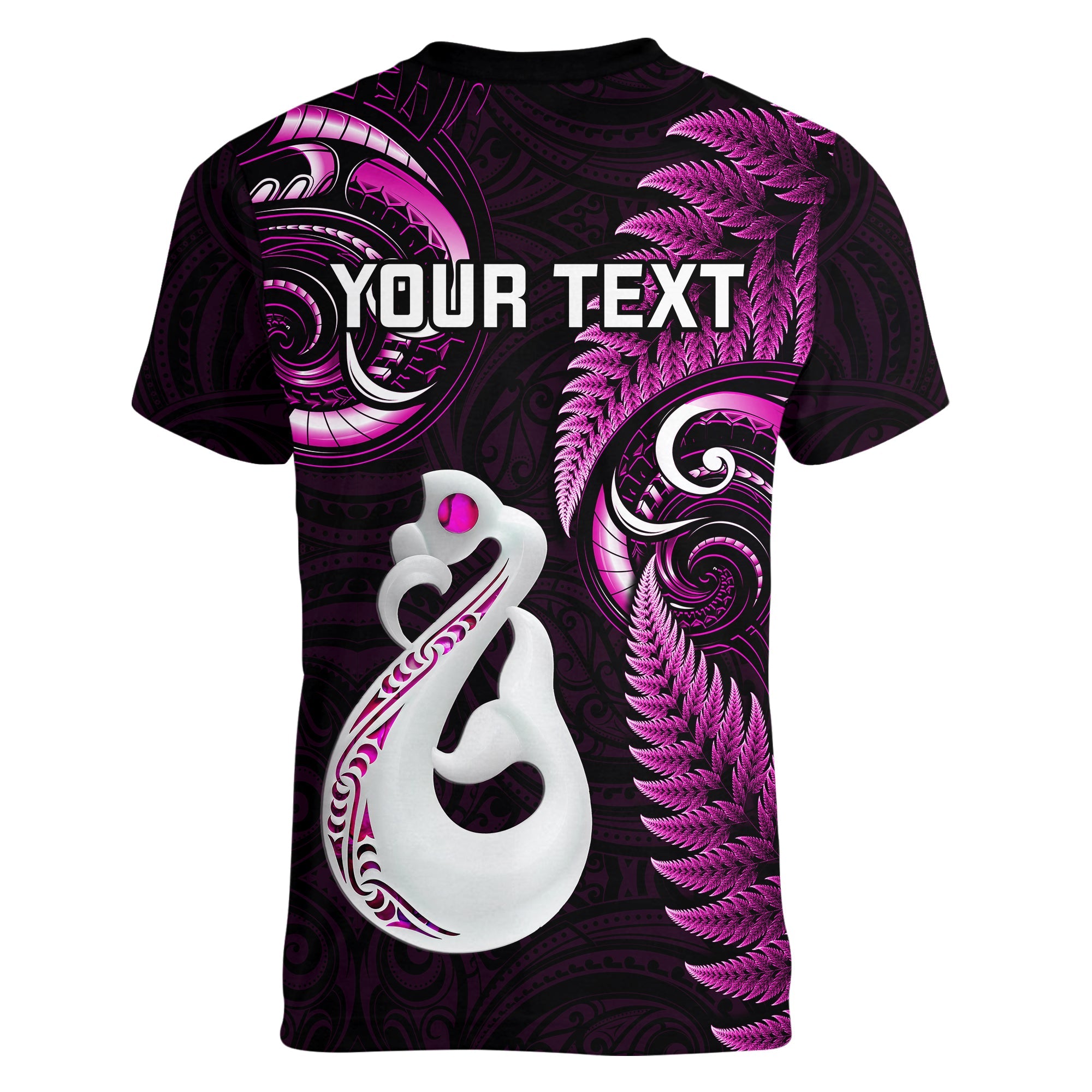 Personalised New Zealand Women V Neck T Shirt Aotearoa Silver Fern With Manaia Maori Unique Pink - Vibe Hoodie Shop