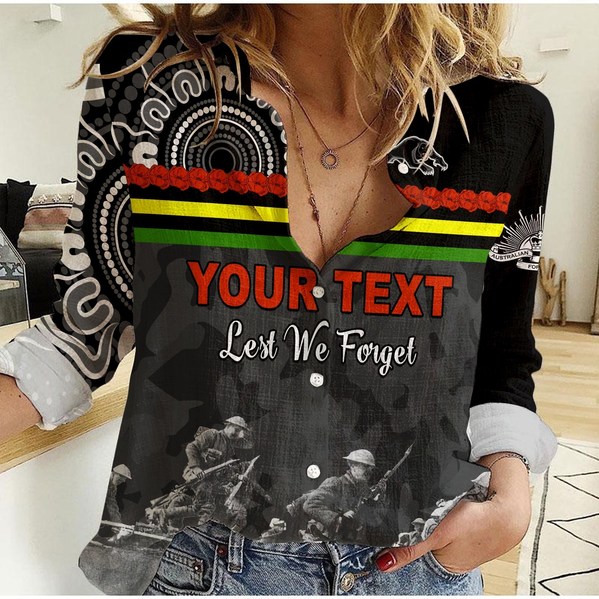 (Custom Personalised) Panthers ANZAC Day Women Casual Shirt Aboriginal Lest We Forget Ver.02 - Vibe Hoodie Shop