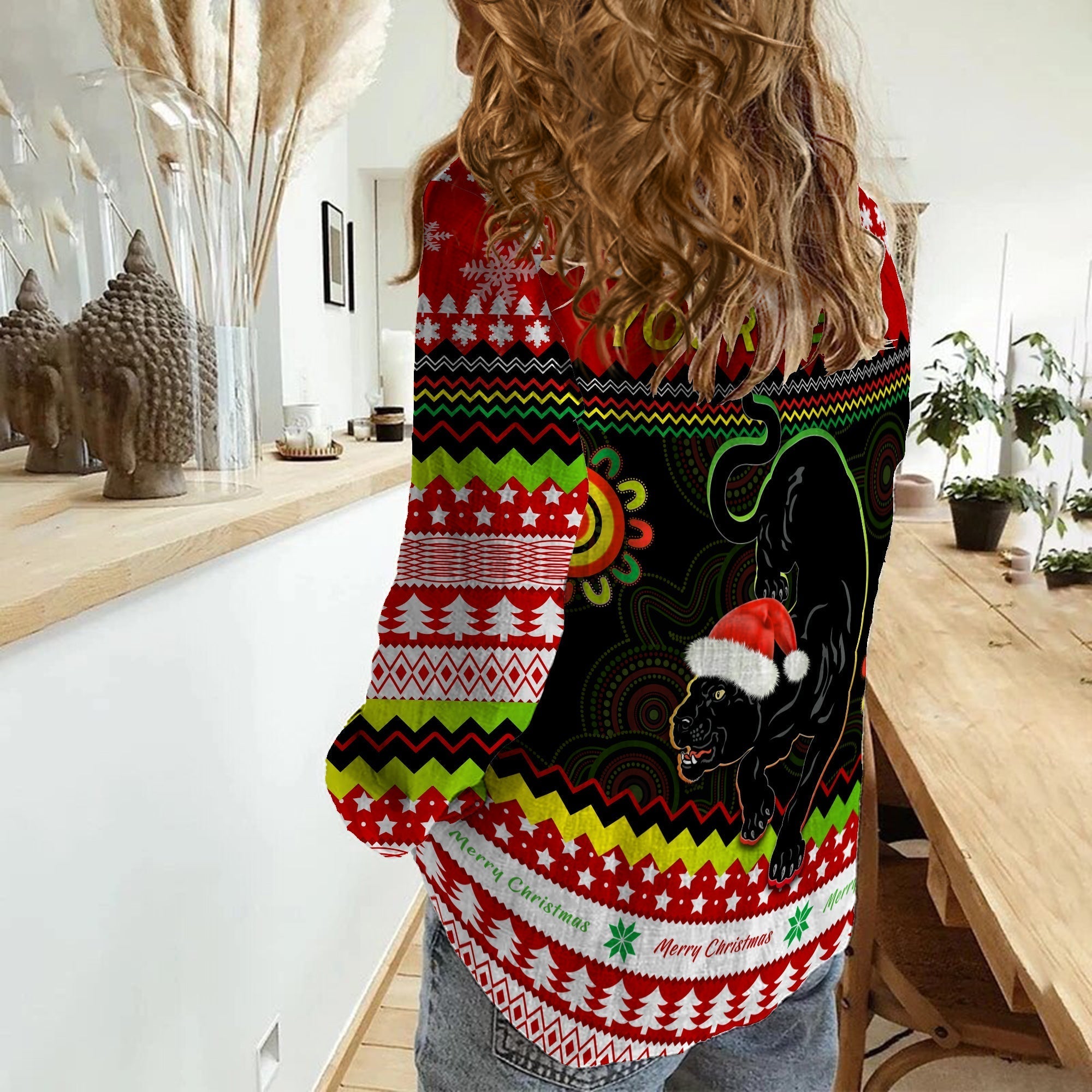 (Custom Personalised) Panthers Christmas Women Casual Shirt Penrith Snow mix Indigenous - Vibe Hoodie Shop