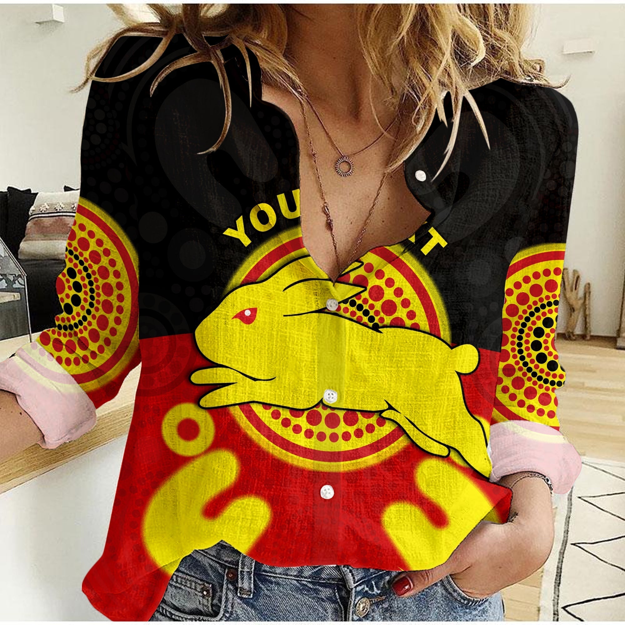 (Custom Personalised) Rabbitohs Indigenous Women Casual Shirt Style Aboriginal Flag - Vibe Hoodie Shop