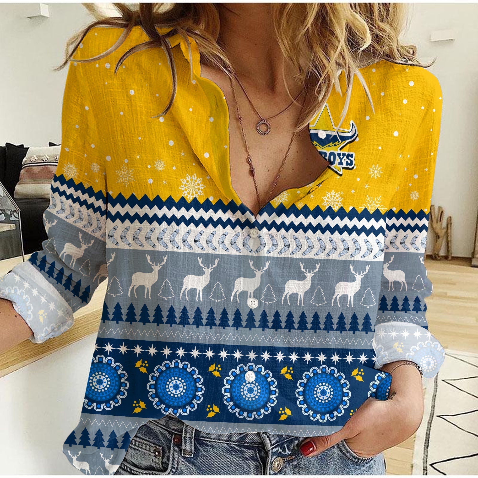 (Custom Personalised) Cowboys Aboriginal Women Casual Shirt Christmas North Queensland - Vibe Hoodie Shop