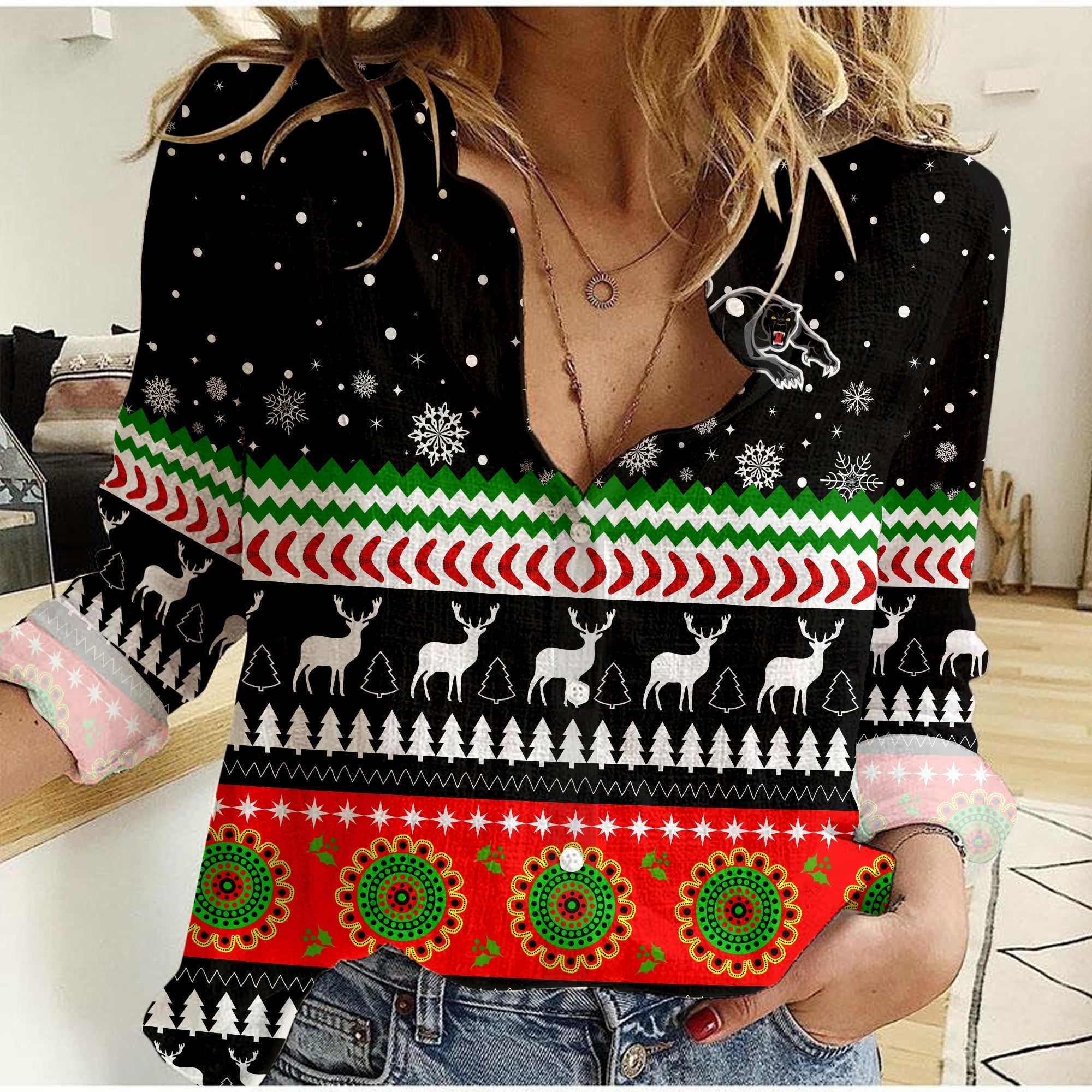 (Custom Personalised) Panthers Women Casual Shirt Penrith Christmas The Riff - Vibe Hoodie Shop