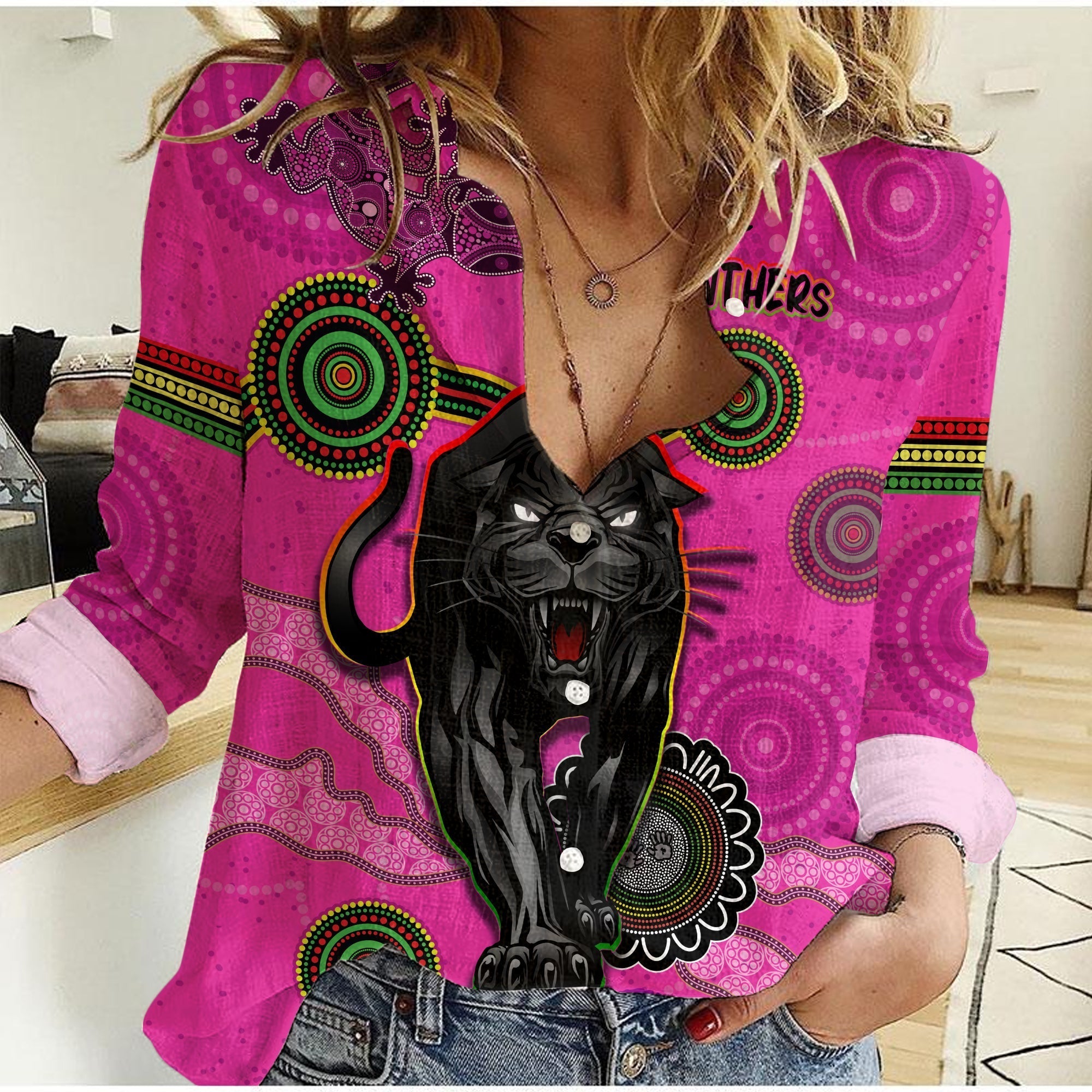 (Custom Personalised) Panthers Women Casual Shirt Aboriginal with Lizard - Vibe Hoodie Shop