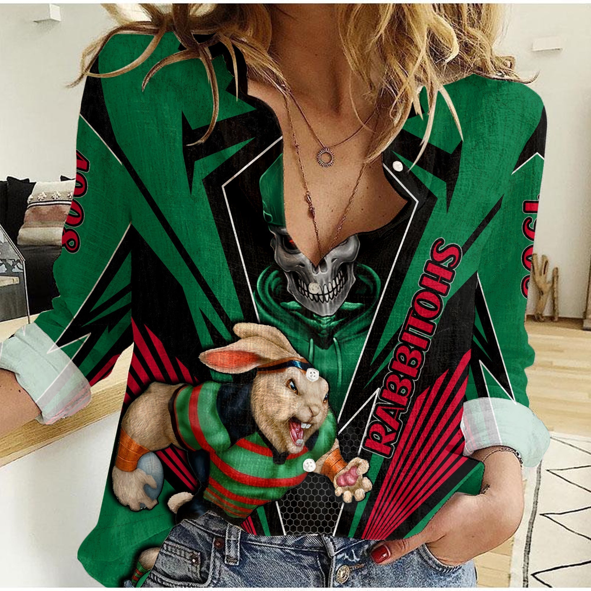 (Custom Personalised) Rabbitohs Rugby Women Casual Shirt Mascot South Sydney Since 1908 Cool Skull - Vibe Hoodie Shop