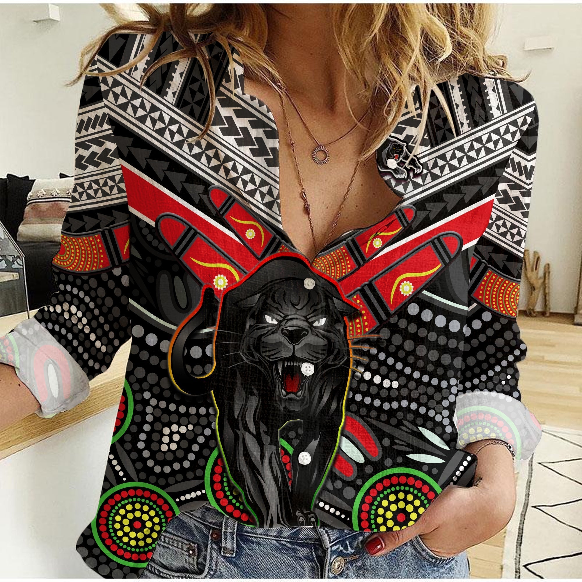(Custom Personalised) Panthers Rugby Women Casual Shirt Aboriginal and Polynesia Penrith The Riff - Vibe Hoodie Shop