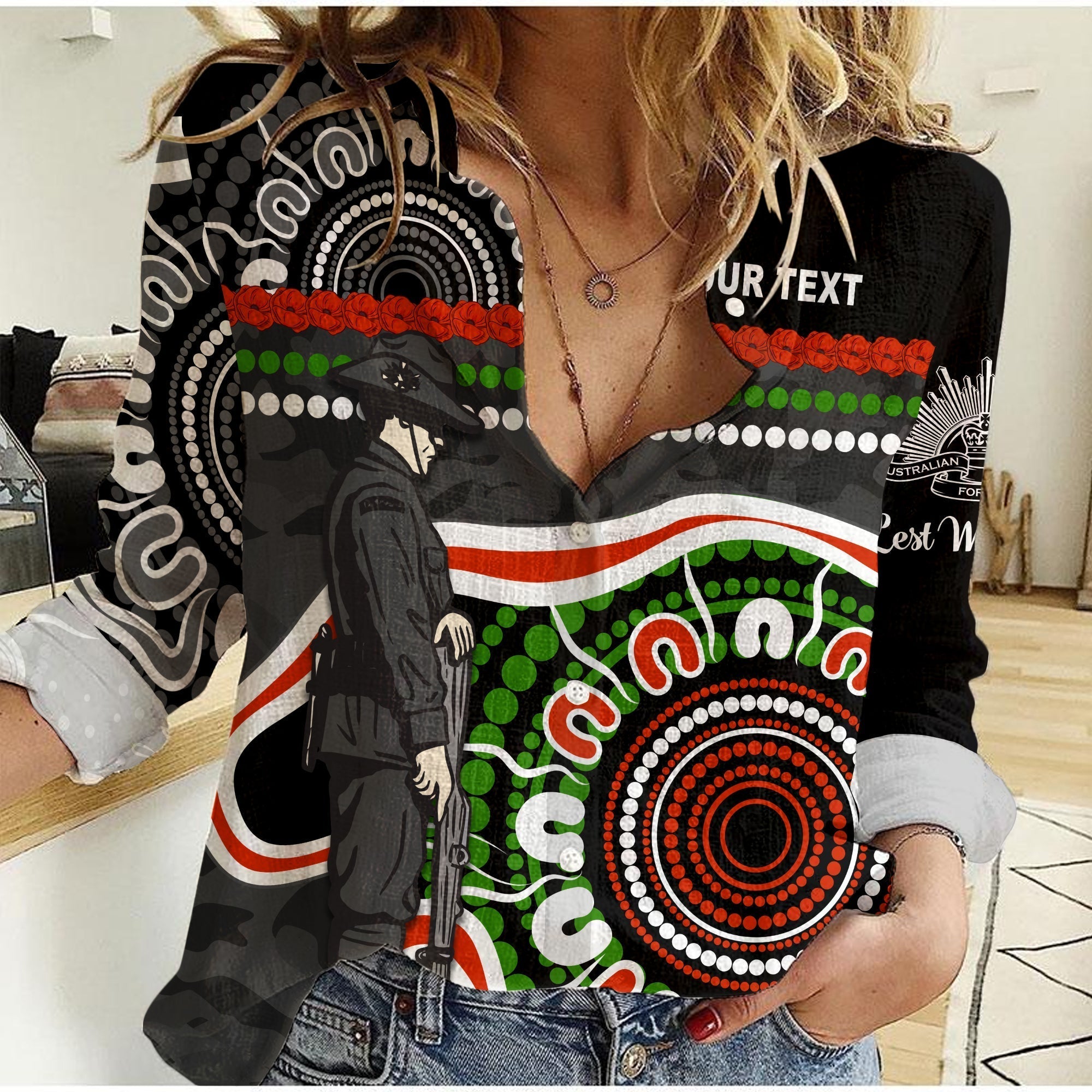 (Custom Personalised) Panthers ANZAC Day Women Casual Shirt Aboriginal Lest We Forget Ver.01 - Vibe Hoodie Shop