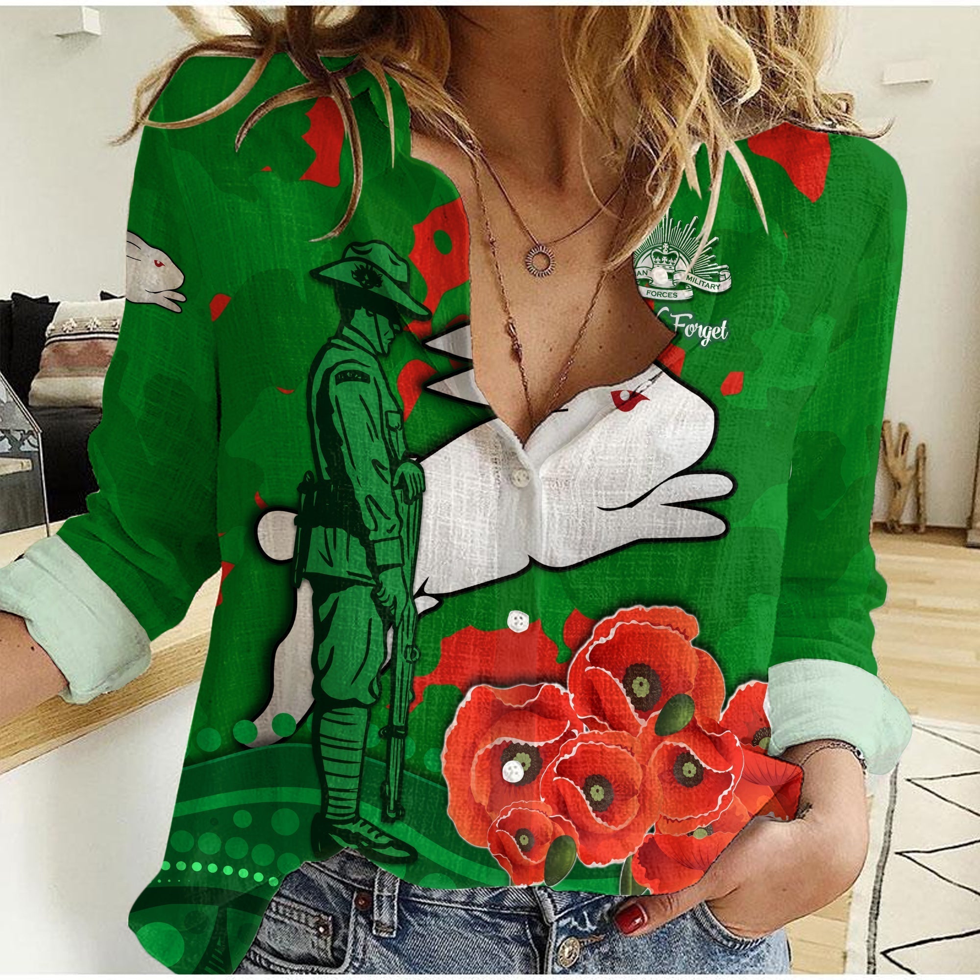 (Custom Personalised) Rabbitohs ANZAC Day Women Casual Shirt South Sydney Camouflage Mix Aboriginal - Vibe Hoodie Shop