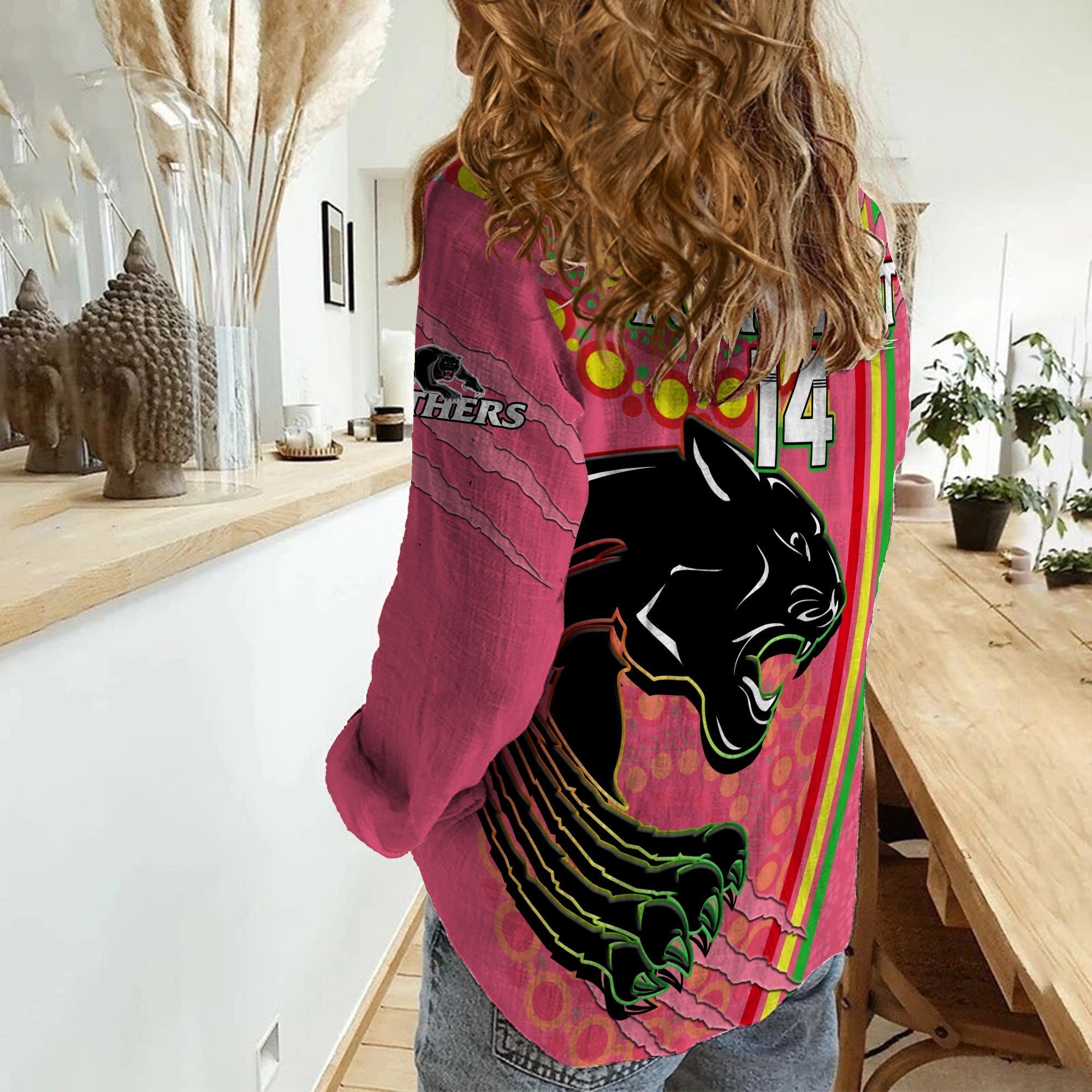 (Custom Text And Number) Panthers Rugby Women Casual Shirt The Mountain Men Aboriginal Art Dynamic Pink Version - Vibe Hoodie Shop