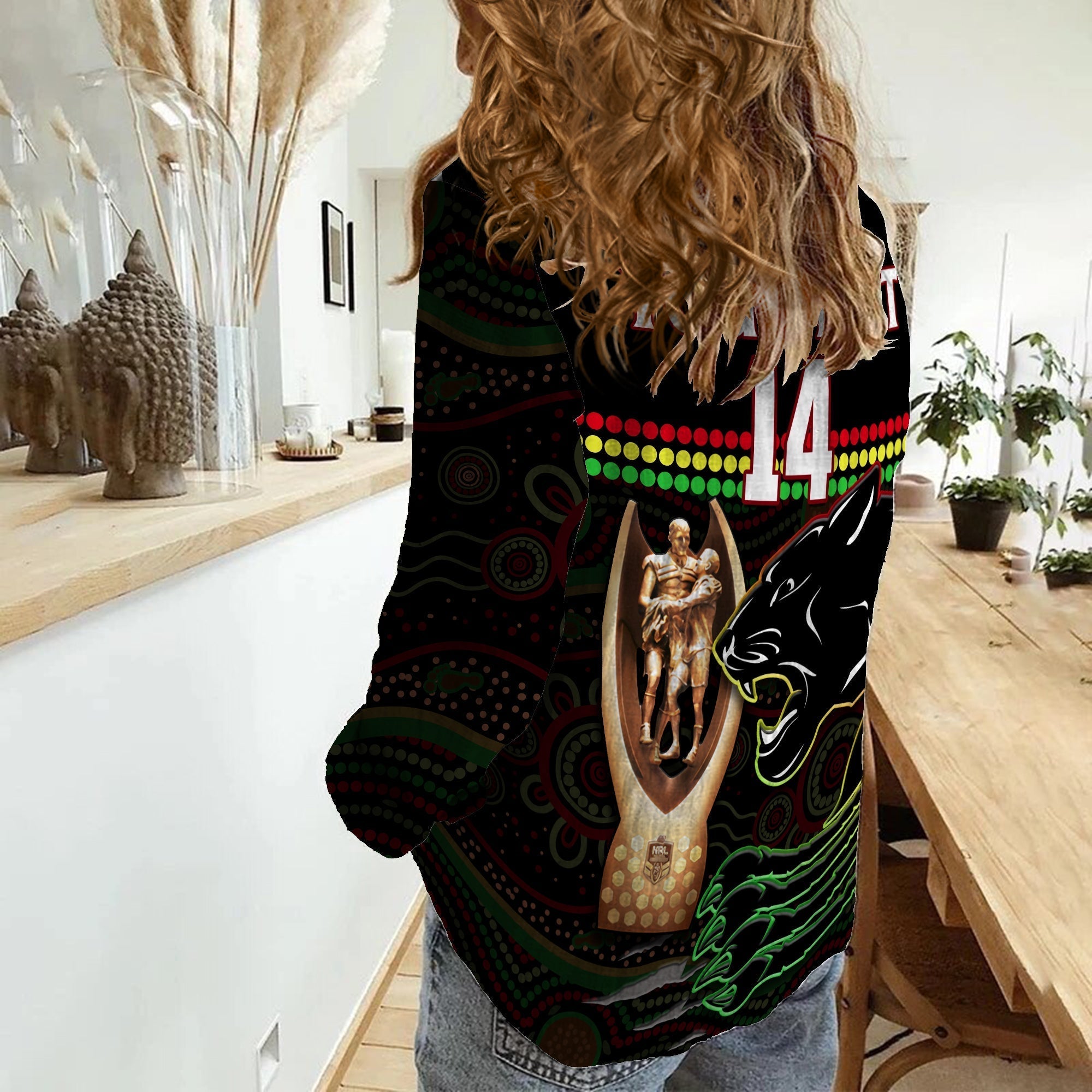 (Custom Text And Number) Panthers Rugby Women Casual Shirt The Riff 2022 Premiers Aboriginal Art - Vibe Hoodie Shop