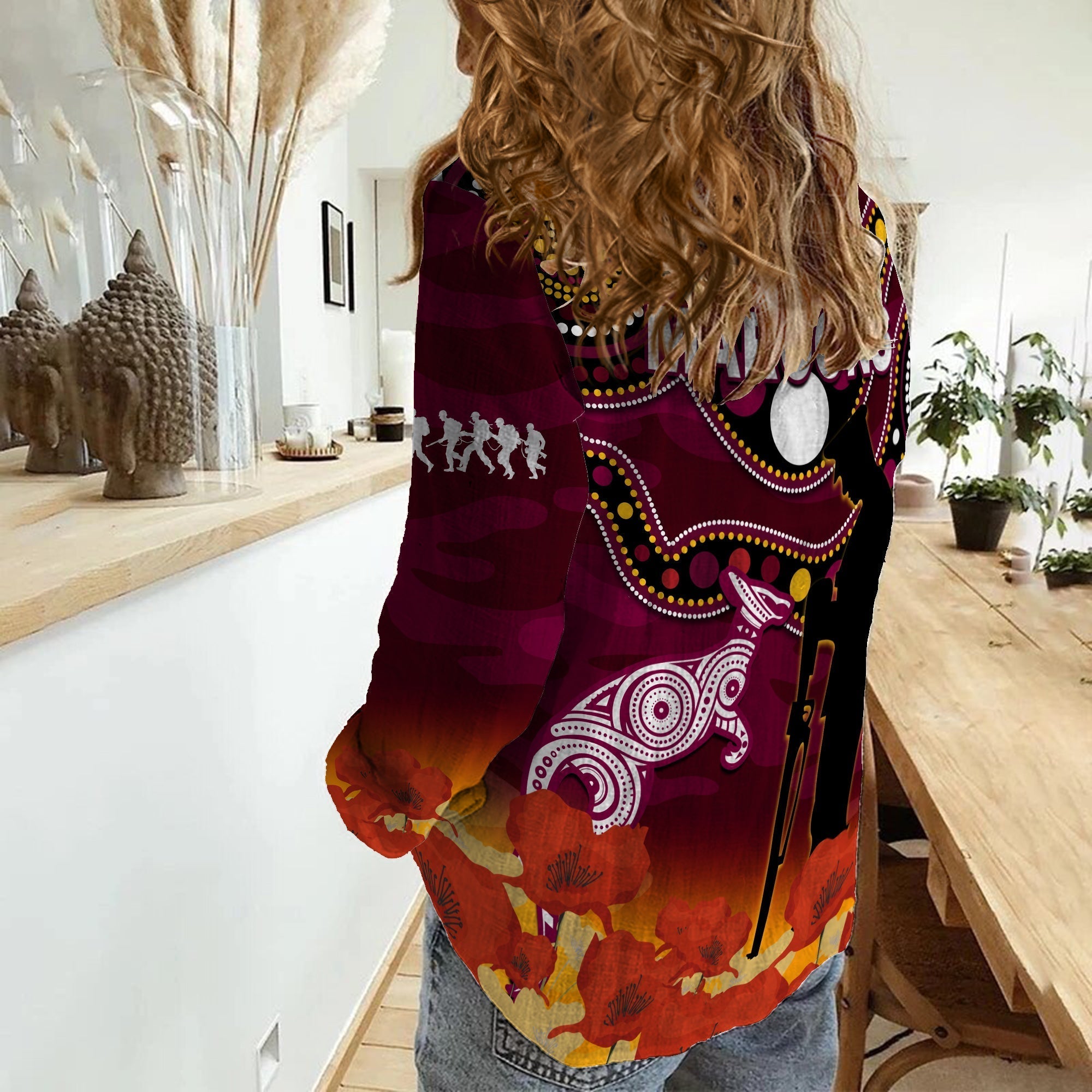 Maroons Rugby ANZAC 2023 Women Casual Shirt QLD Aboriginal Mix Poppy Camouflage - Vibe Hoodie Shop