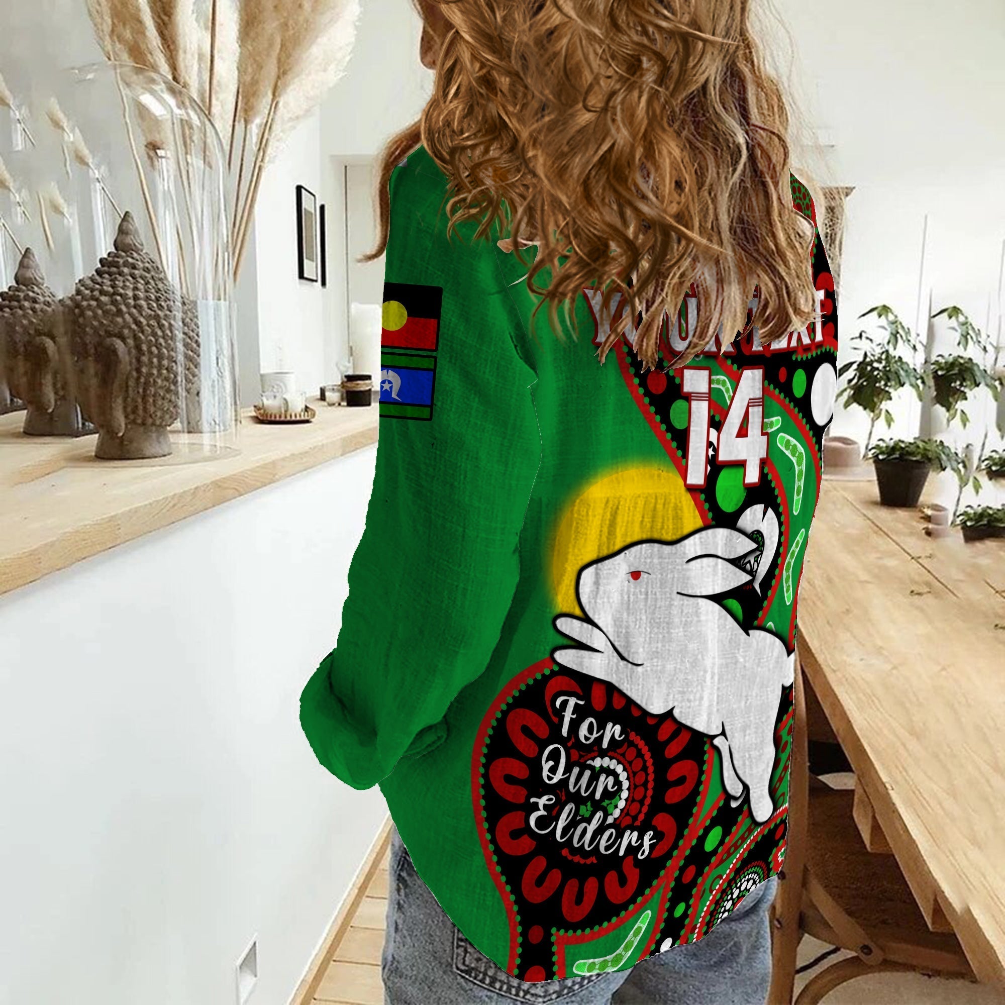 (Custom Text And Number) Rabbitohs Rugby NAIDOC 2023 Women Casual Shirt For Our Elders Aboriginal - Vibe Hoodie Shop