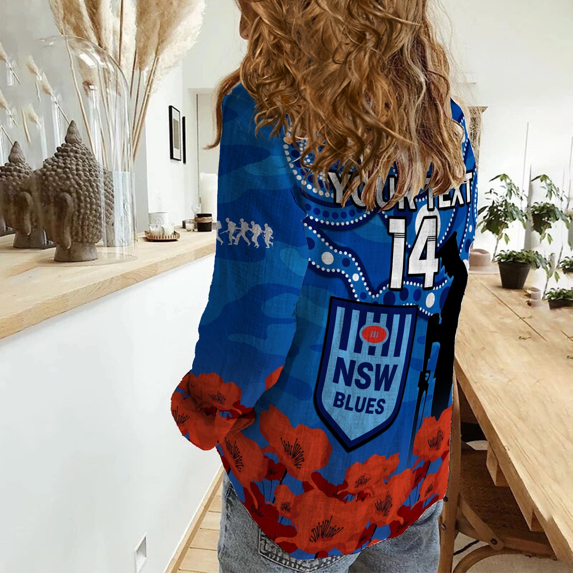 (Custom Text And Number) Blues Rugby ANZAC 2023 Women Casual Shirt NSW Aboriginal Mix Poppy Camouflage - Vibe Hoodie Shop