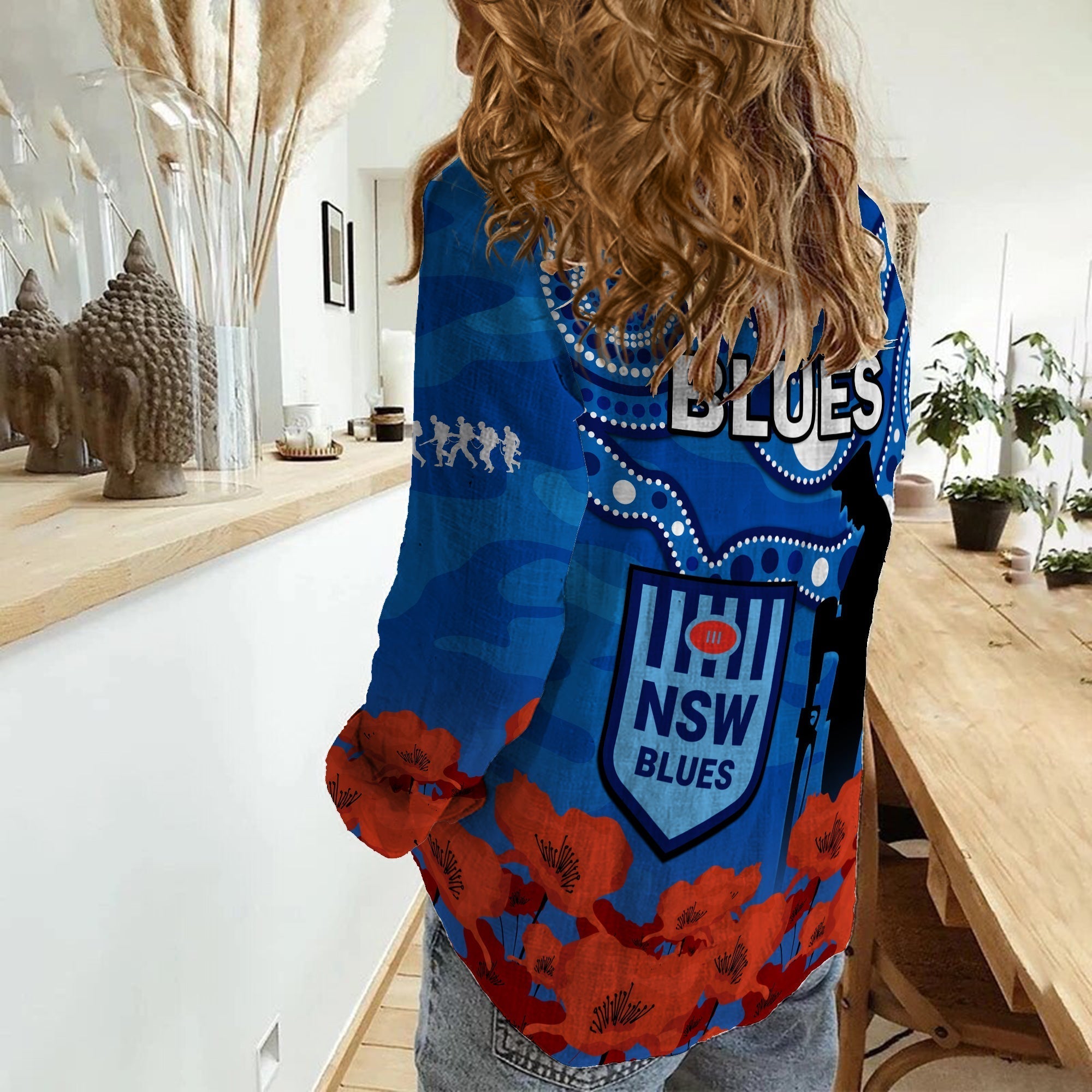 Blues Rugby ANZAC 2023 Women Casual Shirt NSW Aboriginal Mix Poppy Camouflage - Vibe Hoodie Shop