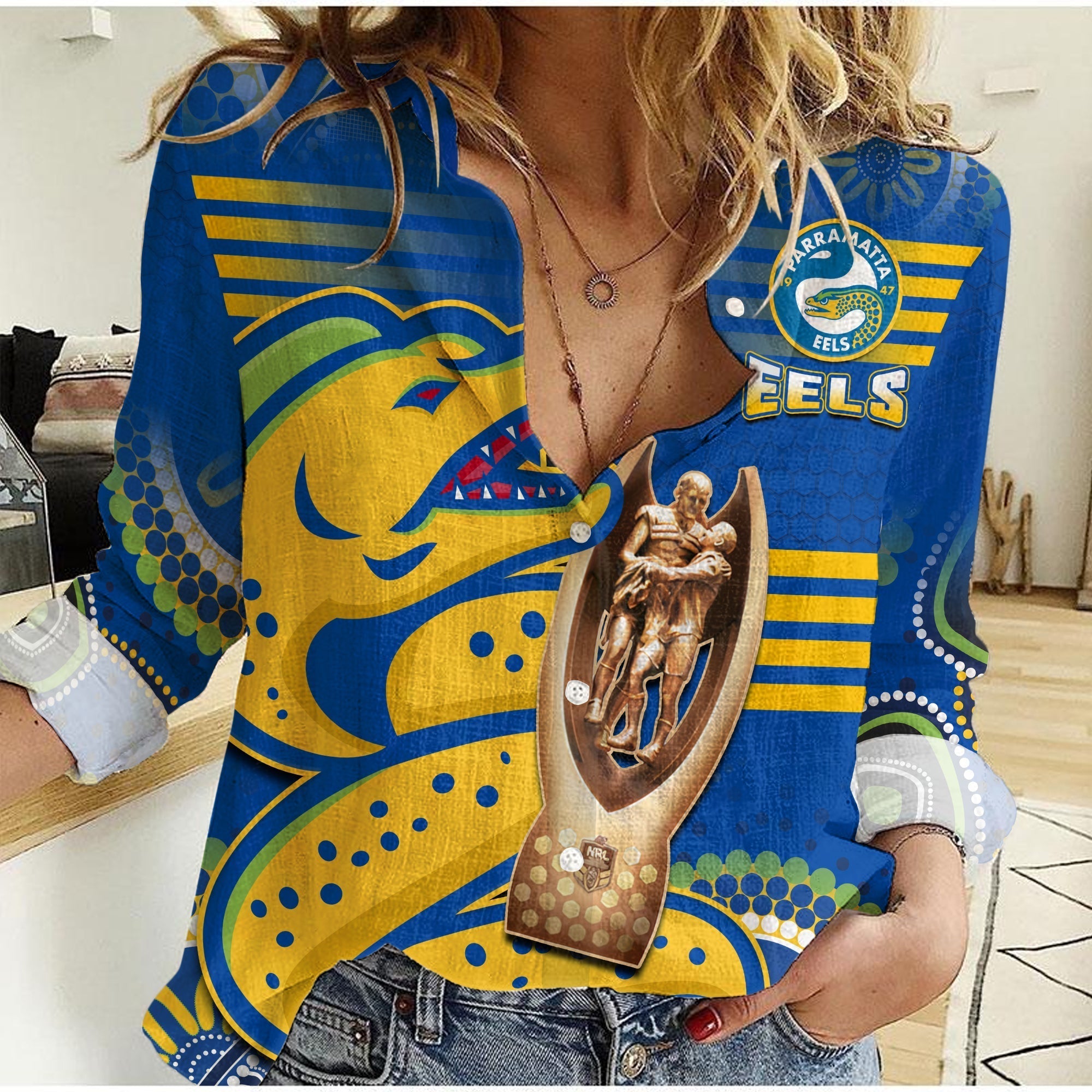 Parramatta Rugby Women Casual Shirt Eels Premiers 2022 Indigenous Artsy - Vibe Hoodie Shop