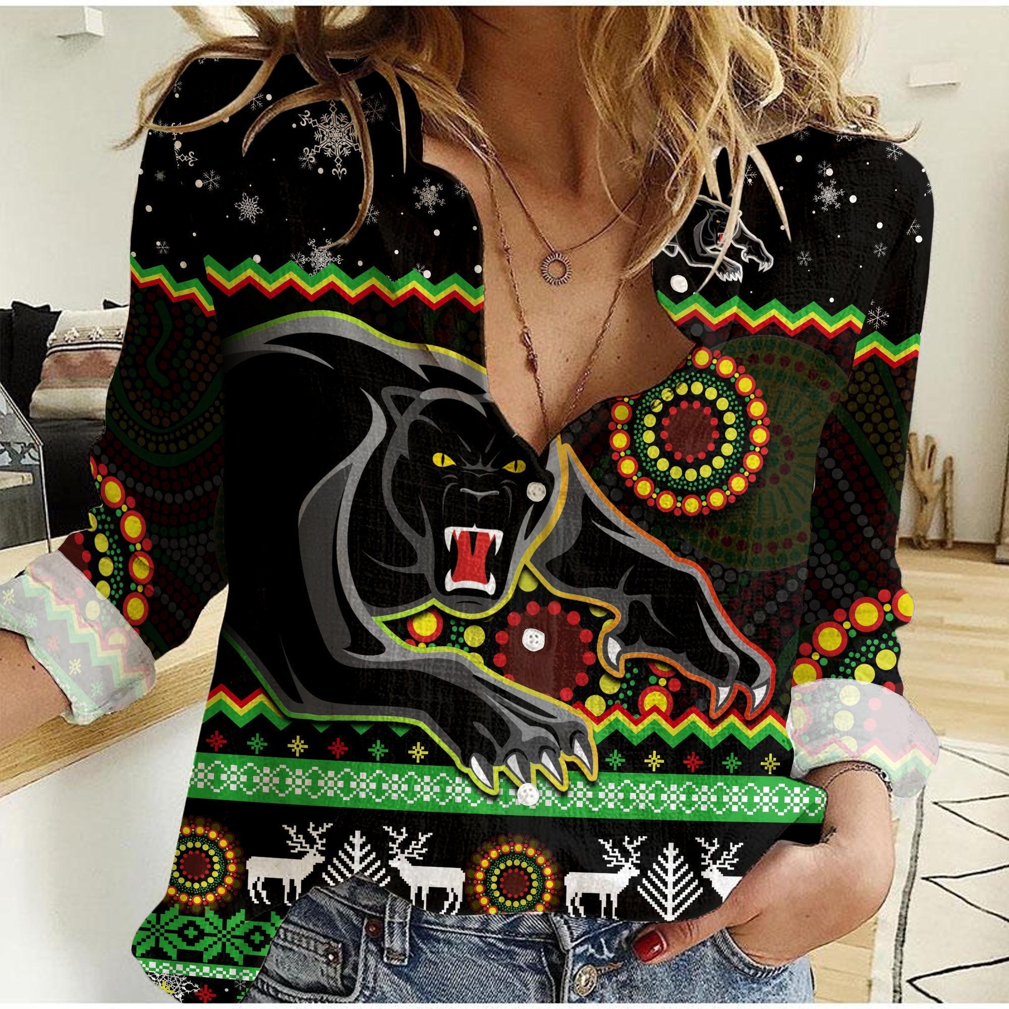 (Custom Personalised) Panthers Christmas Women Casual Shirt Aboriginal Pattern Penrith Black Version - Vibe Hoodie Shop