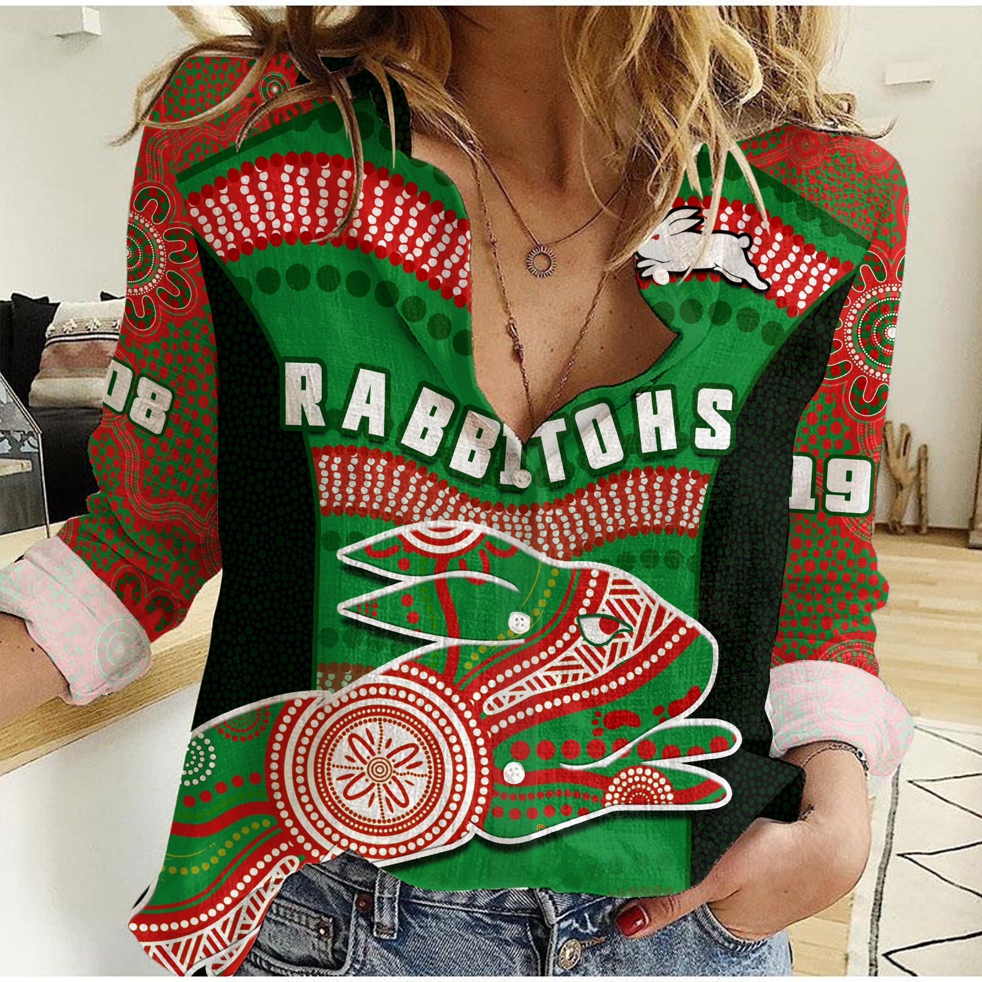 (Custom Text And Number) Rabbitohs Rugby Women Casual Shirt Souths 1908 Aboriginal Dot Painting Go Bunnies - Vibe Hoodie Shop