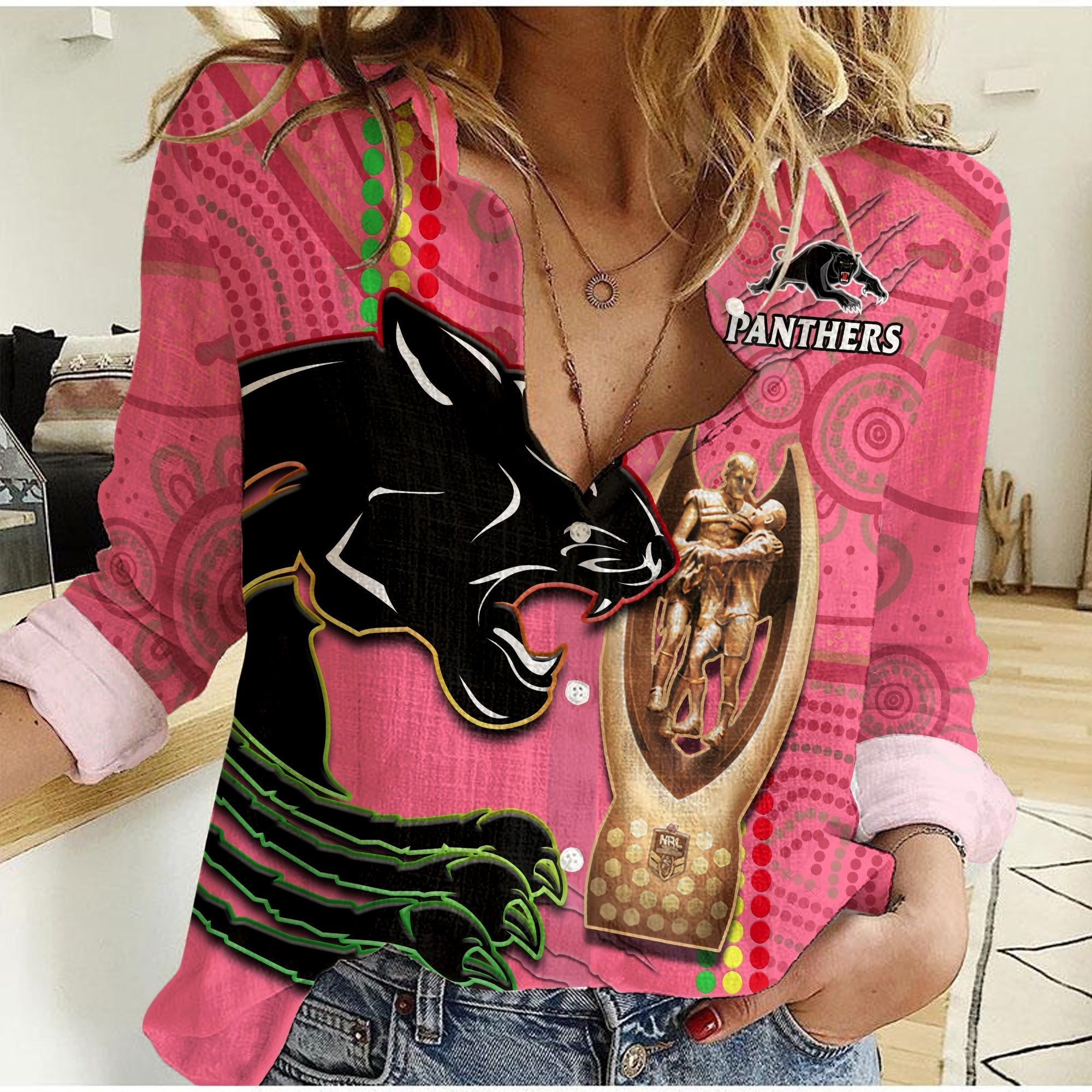 (Custom Text And Number) Panthers Rugby Women Casual Shirt The Riff 2022 Premiers Aboriginal Pink - Vibe Hoodie Shop