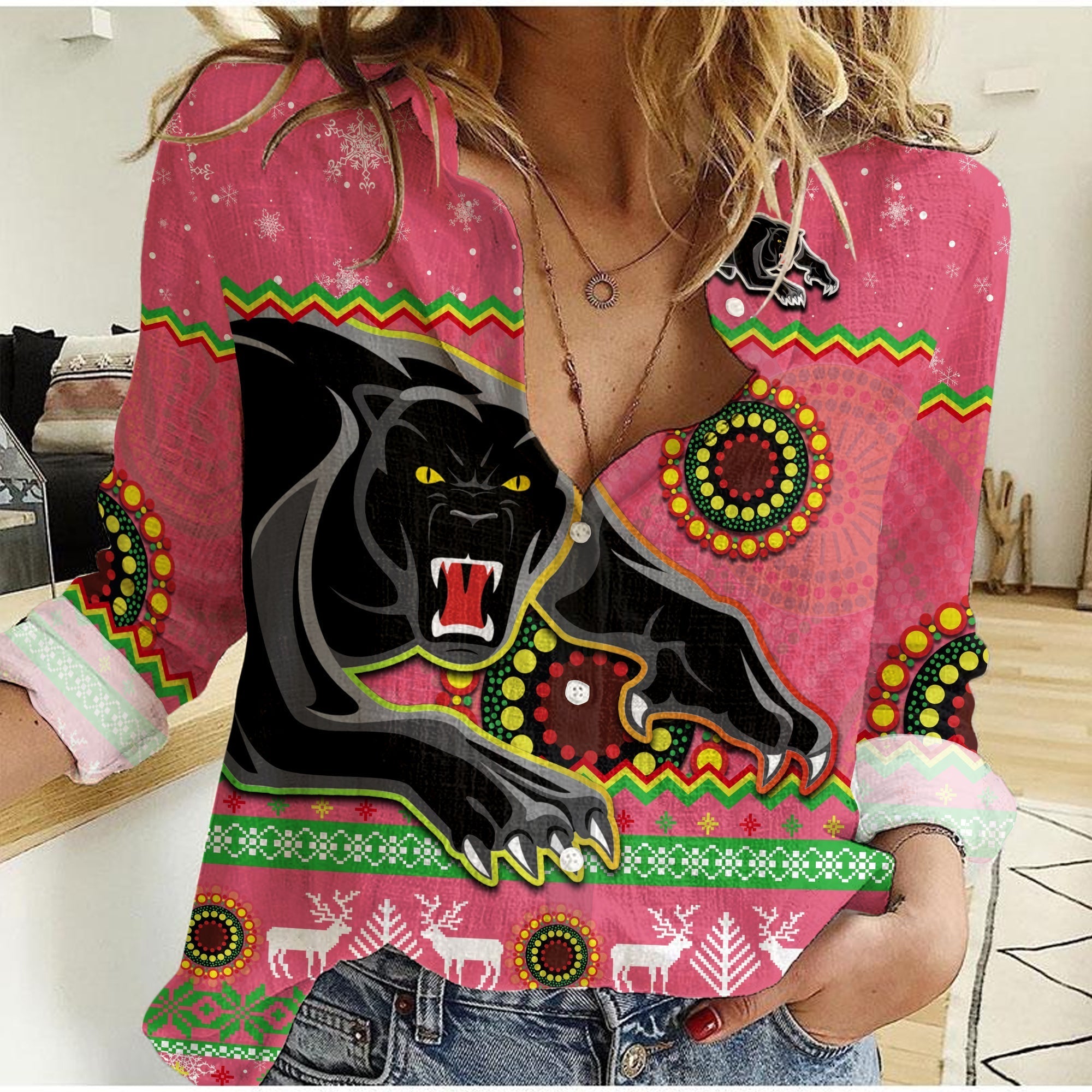(Custom Personalised) Panthers Christmas Women Casual Shirt Aboriginal Pattern Penrith Pink Version - Vibe Hoodie Shop