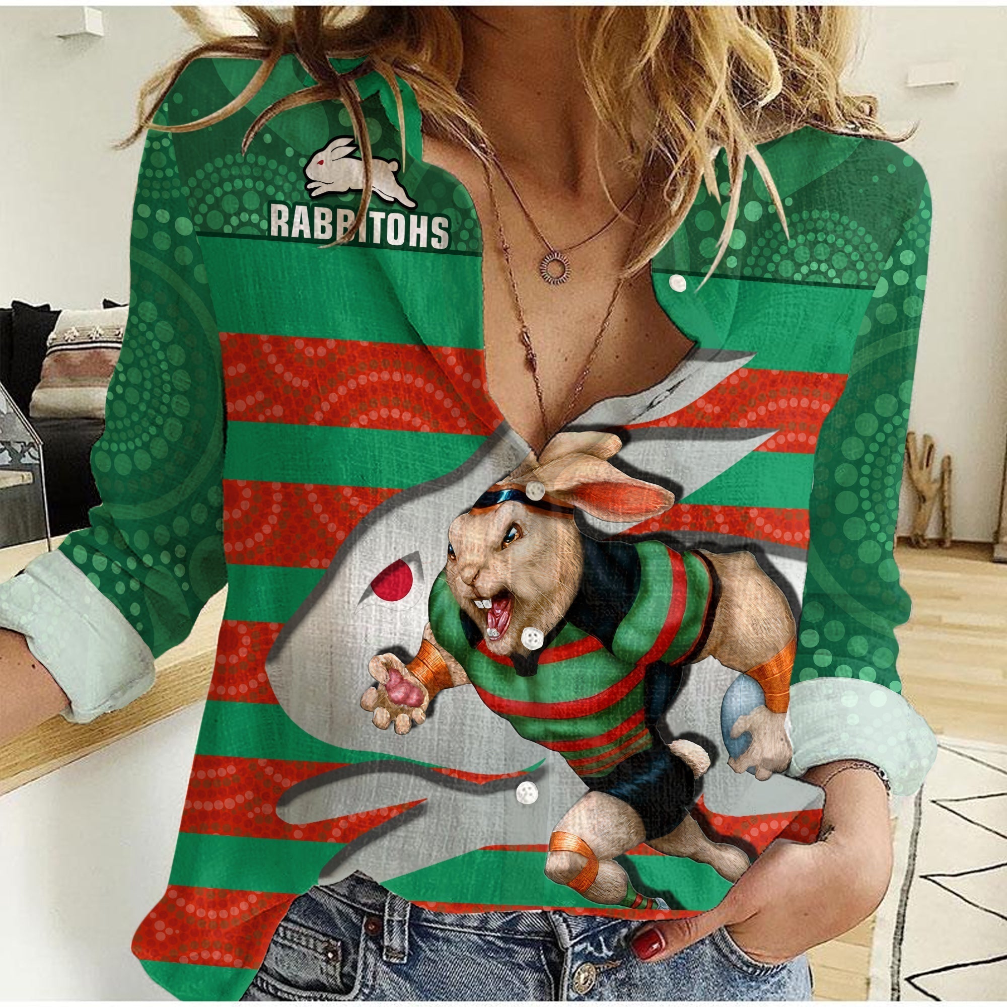 (Custom Text And Number) Rabbitohs Rugby Women Casual Shirt Aboriginal Dot Painting Glory Glory Sporty Style - Vibe Hoodie Shop