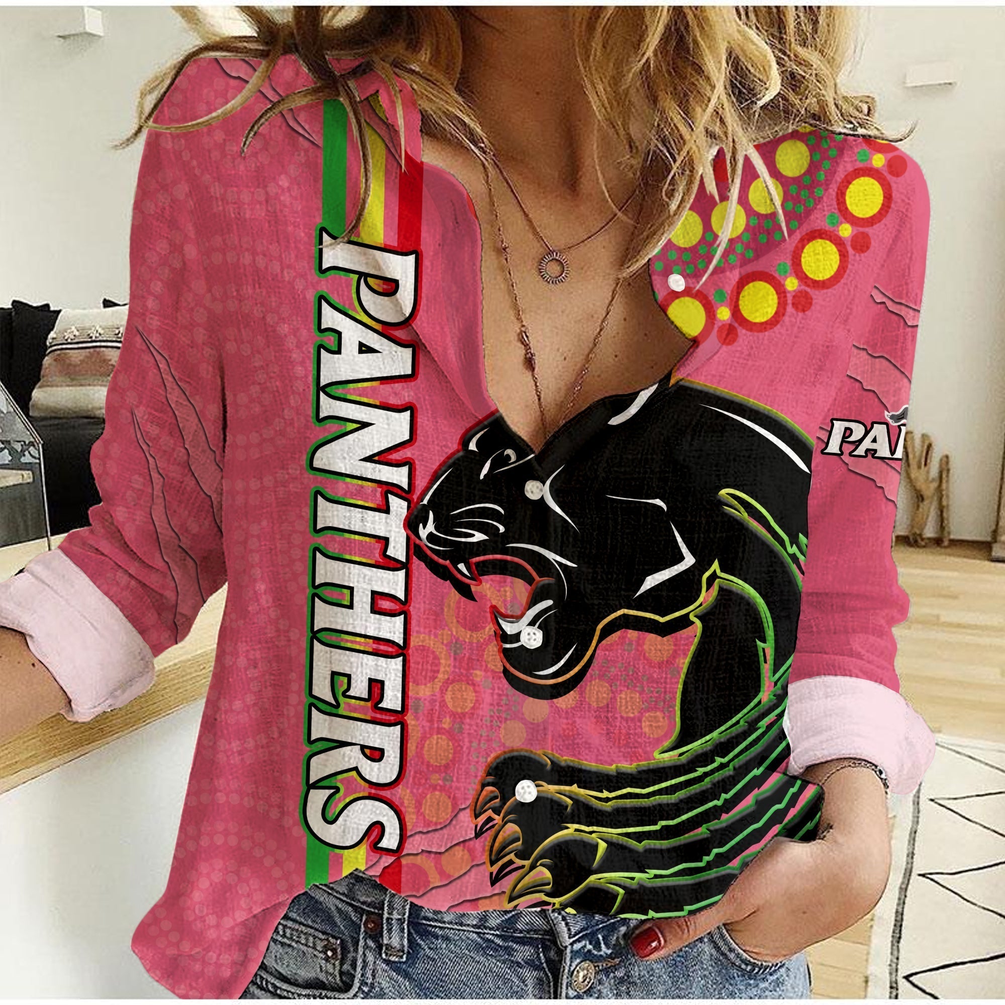 (Custom Text And Number) Panthers Rugby Women Casual Shirt The Mountain Men Aboriginal Art Dynamic Pink Version - Vibe Hoodie Shop