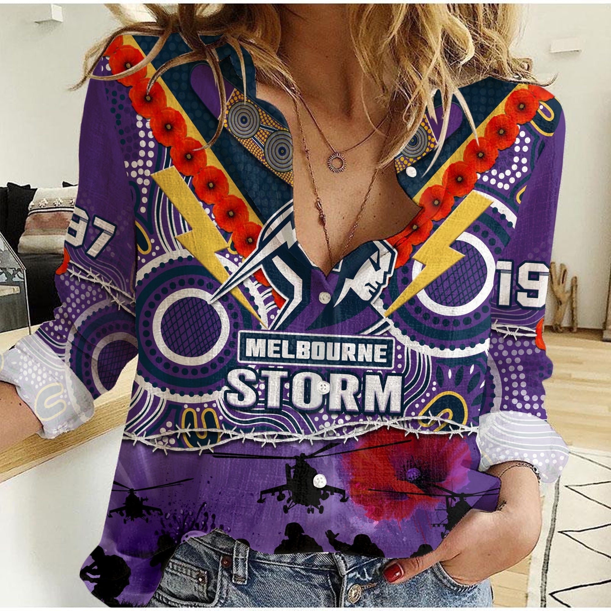 custom-text-and-number-melbourne-storm-rugby-anzac-women-casual-shirt-indigenous-poppy-australian-army