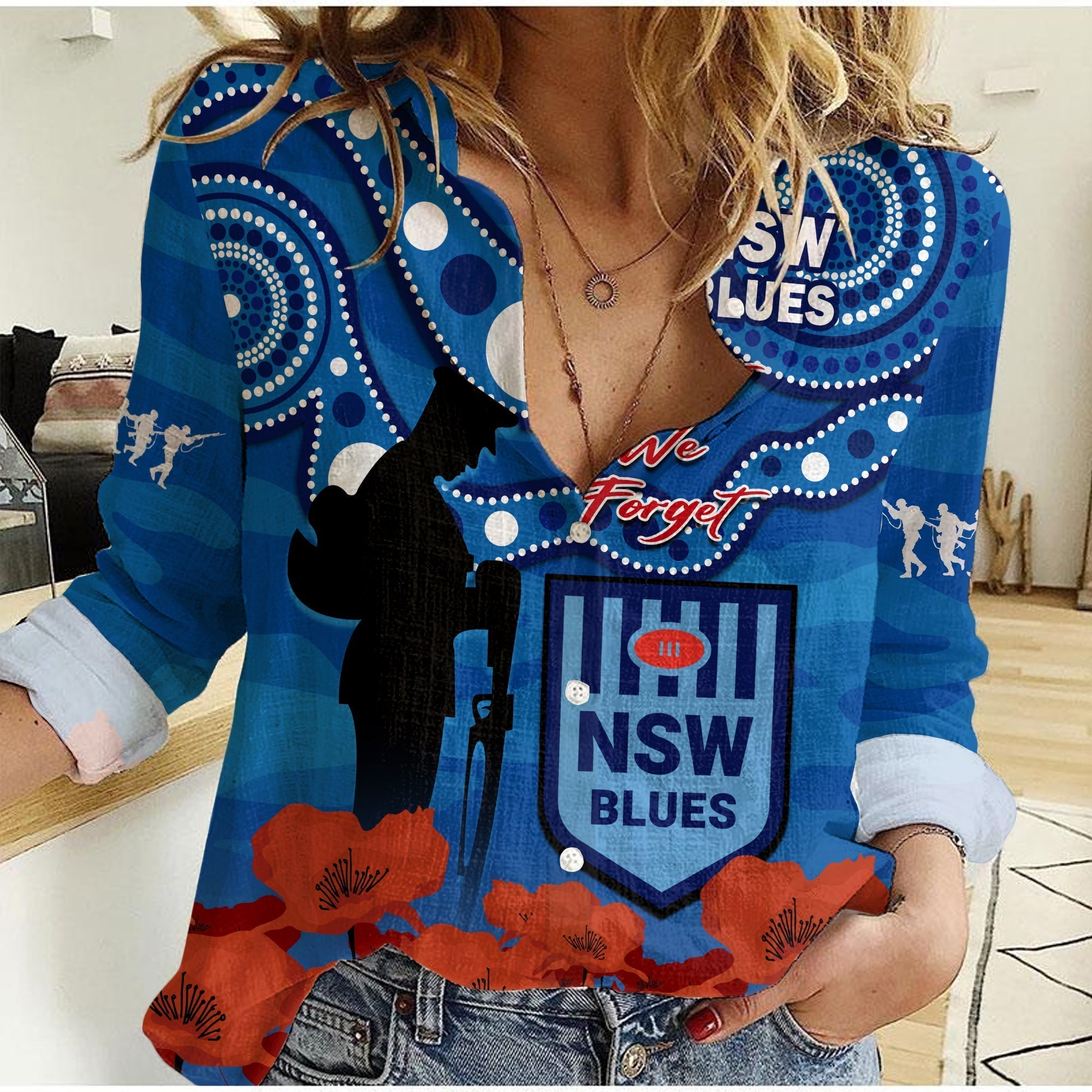 (Custom Text And Number) Blues Rugby ANZAC 2023 Women Casual Shirt NSW Aboriginal Mix Poppy Camouflage - Vibe Hoodie Shop