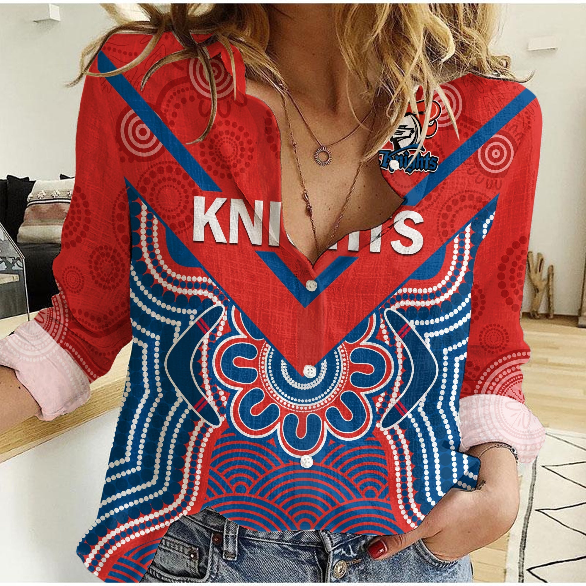 (Custom Text And Number) Knights Rugby Women Casual Shirt Novocastrians 1987 Aboriginal Art - Vibe Hoodie Shop