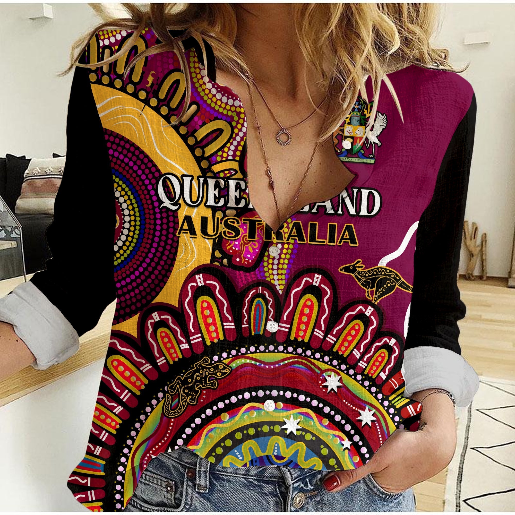 (Custom Personalised) Queensland State Women Casual Shirt QLD Australian Indigenous Art - Vibe Hoodie Shop