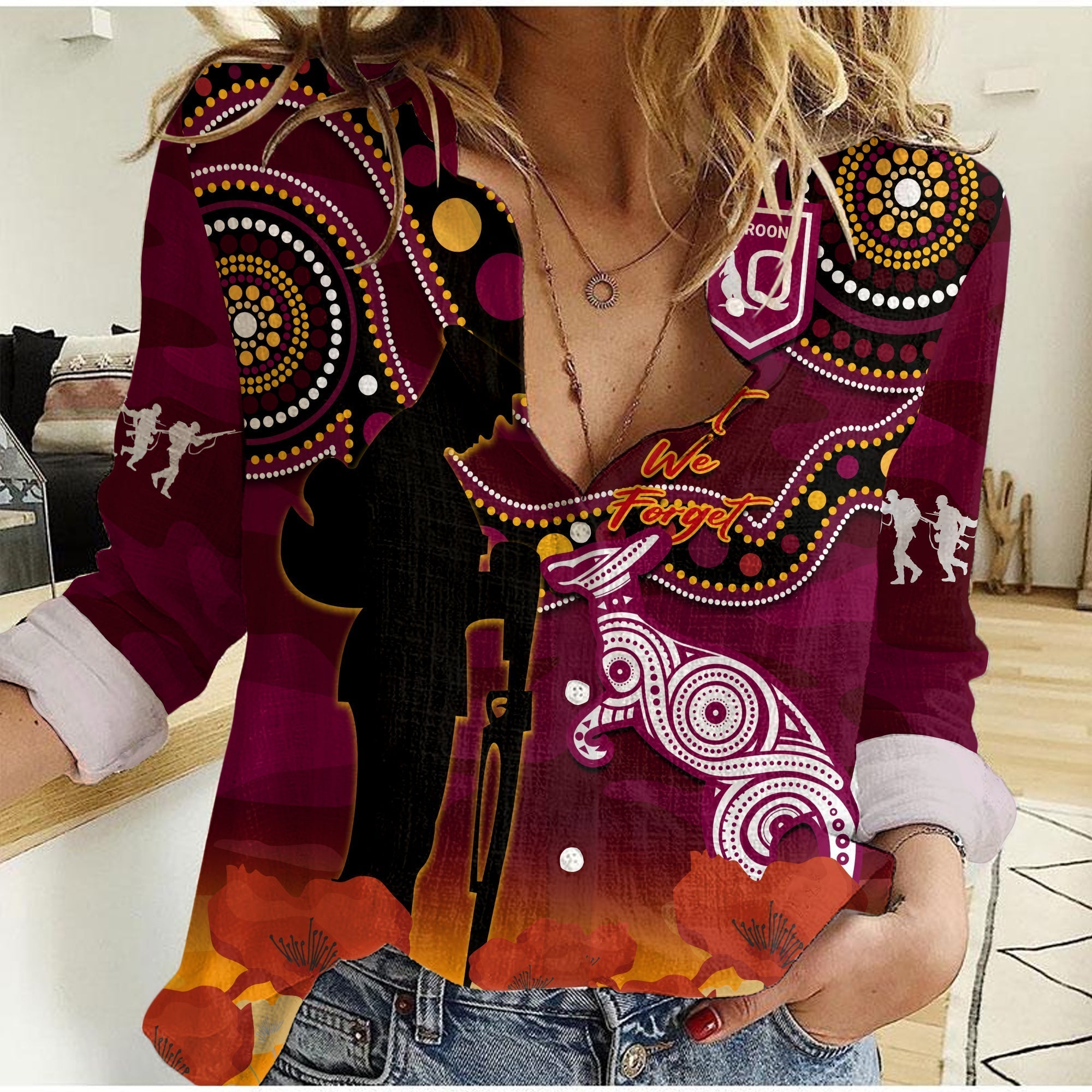 Maroons Rugby ANZAC 2023 Women Casual Shirt QLD Aboriginal Mix Poppy Camouflage - Vibe Hoodie Shop