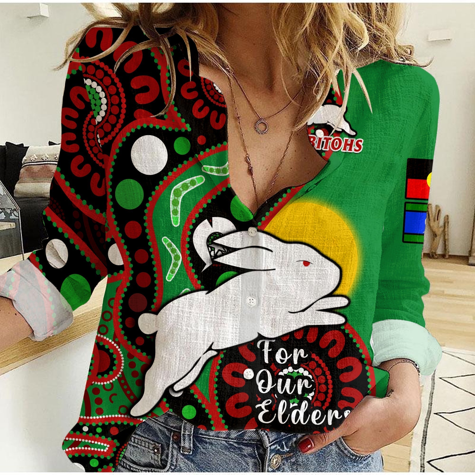 (Custom Text And Number) Rabbitohs Rugby NAIDOC 2023 Women Casual Shirt For Our Elders Aboriginal - Vibe Hoodie Shop