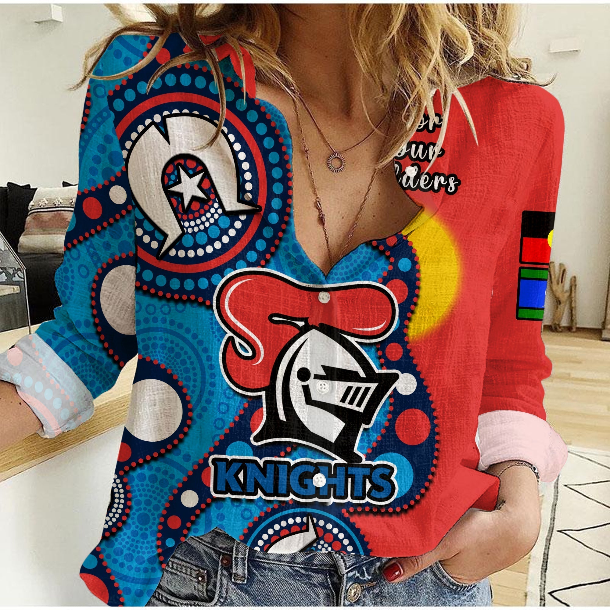 (Custom Text And Number) Knights Rugby NAIDOC 2023 Women Casual Shirt Indigenous For Our Elders - Vibe Hoodie Shop