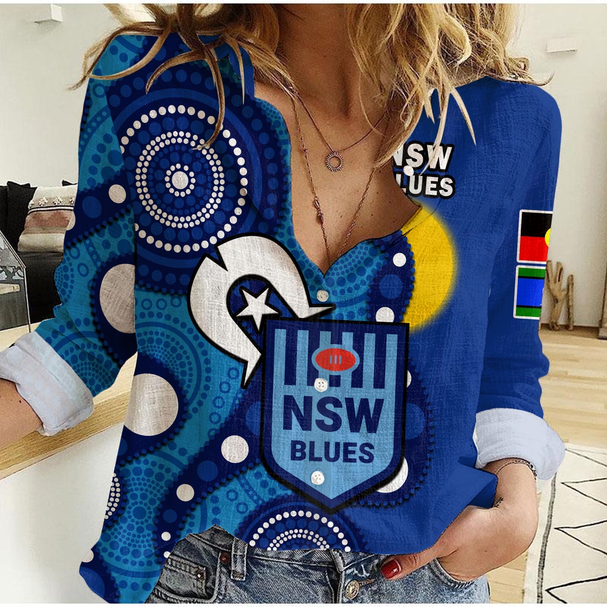 (Custom Text And Number) Blues Rugby NAIDOC 2023 Women Casual Shirt NSW For Our Elders Indigenous Art - Vibe Hoodie Shop