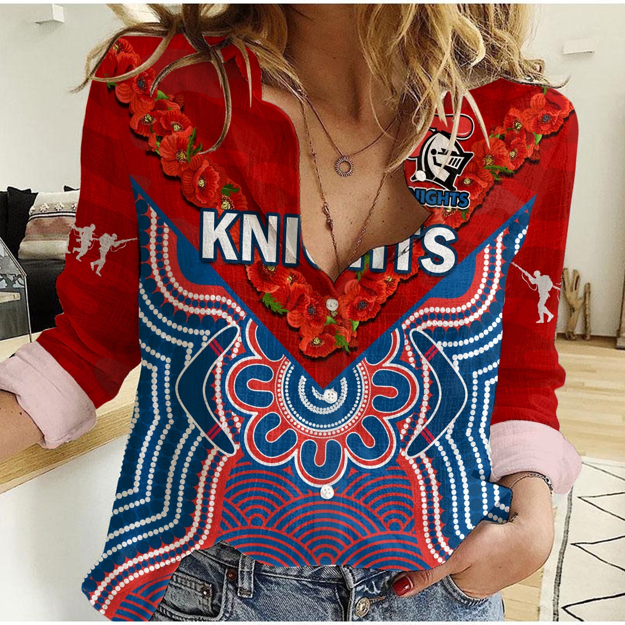 (Custom Text And Number) Knights ANZAC 2023 Women Casual Shirt Camouflage Poppy Mix Aboriginal - Vibe Hoodie Shop