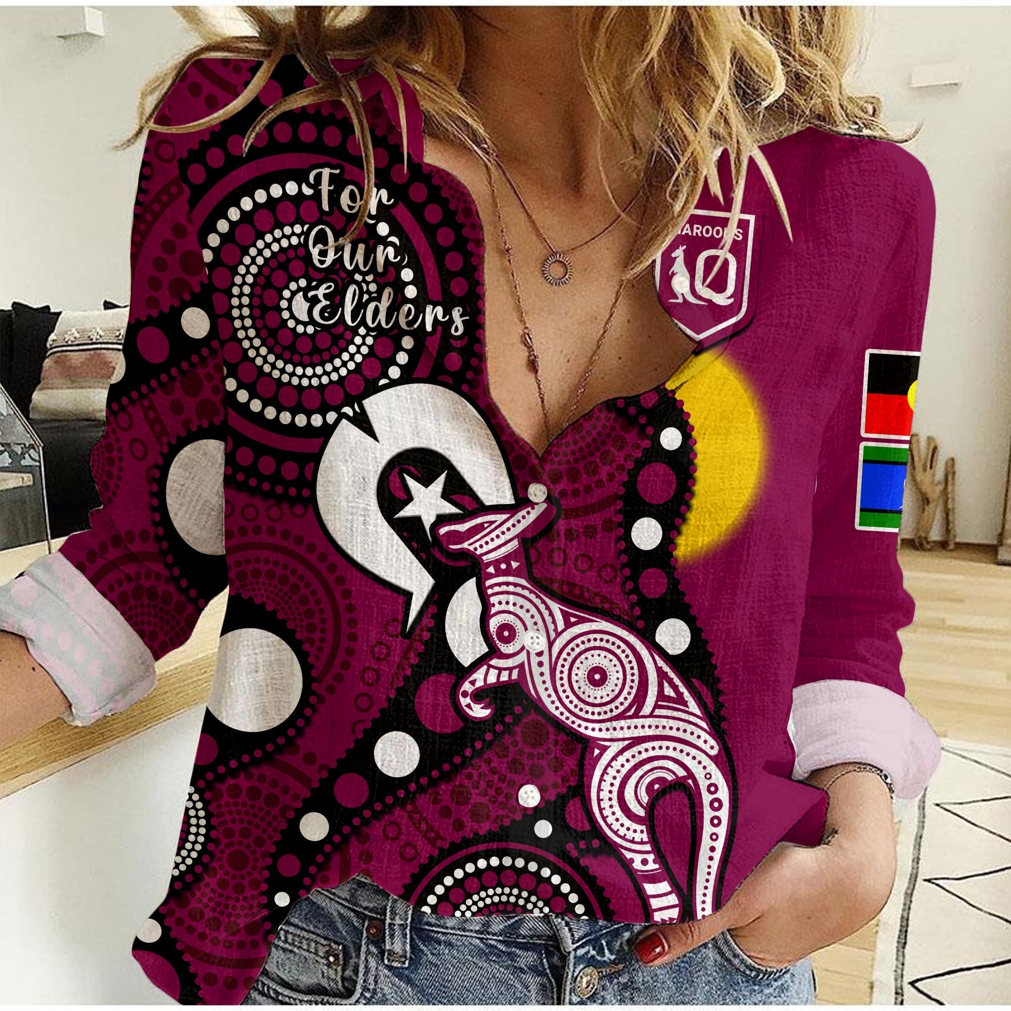 (Custom Text And Number) Maroons Rugby NAIDOC 2023 Women Casual Shirt QLD For Our Elders Indigenous Art - Vibe Hoodie Shop