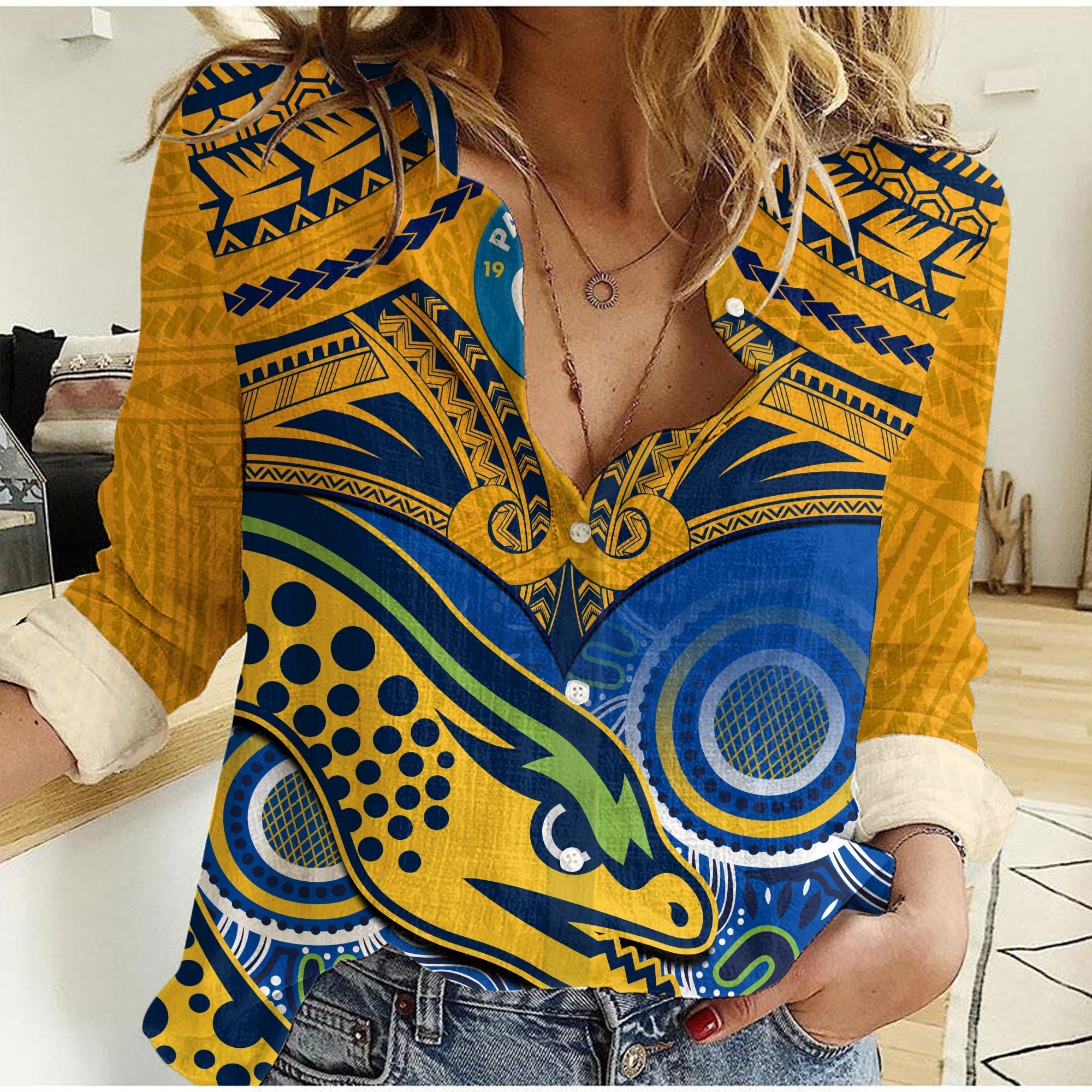Parramatta Rugby 2023 Women Casual Shirt Go Eels Polynesian Mix Indigenous Art - Vibe Hoodie Shop