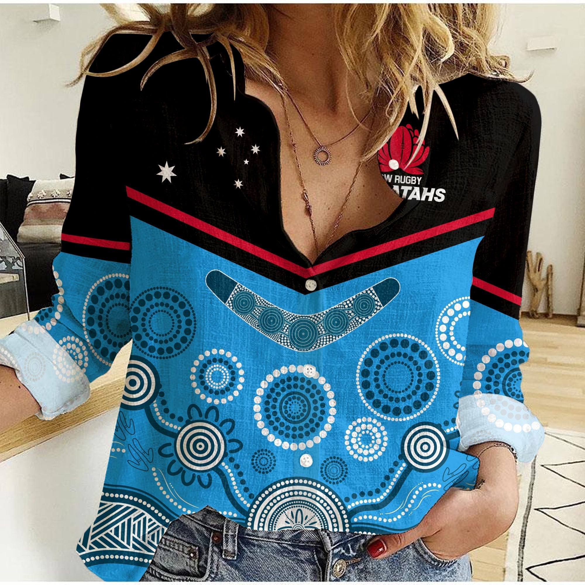(Custom Text And Number) Waratahs Super Rugby 2023 Women Casual Shirt NSW Tahs Indigenous Art - Vibe Hoodie Shop