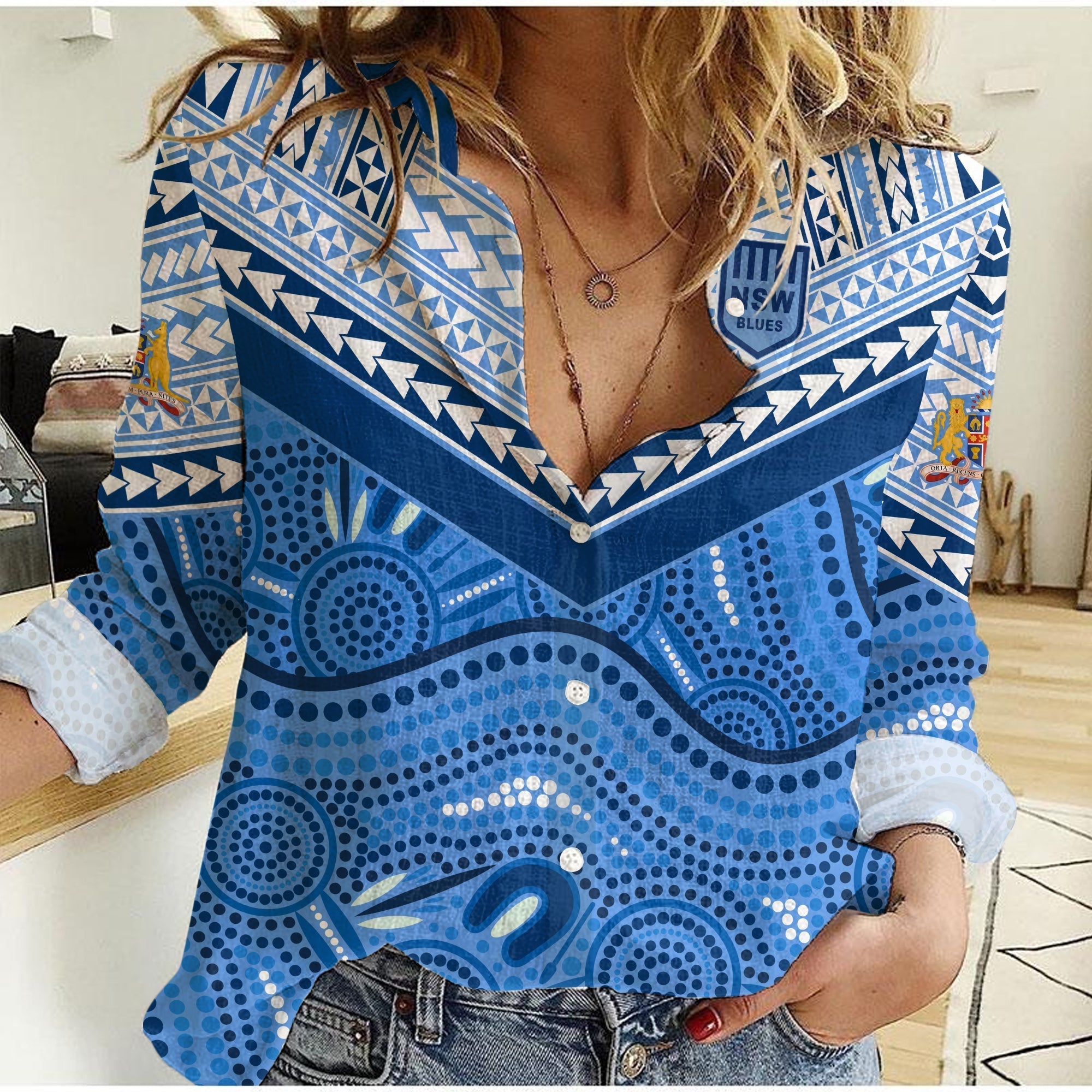 NSW Blues Women Casual Shirt Aboriginal and Polynesia Admirable - Vibe Hoodie Shop