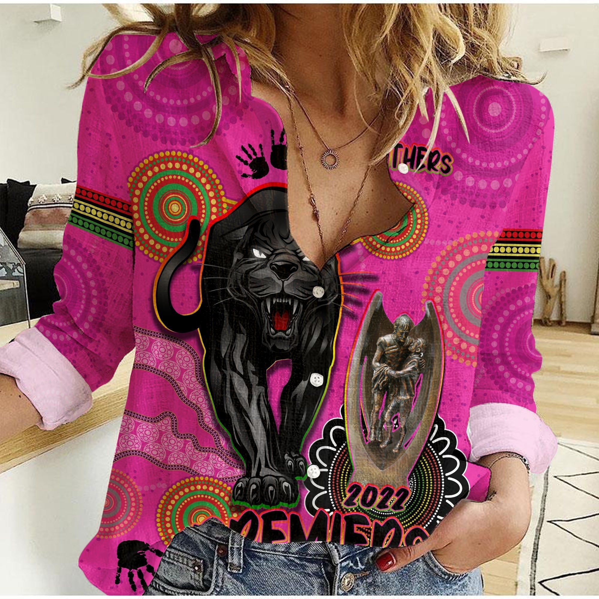 (Custom Personalised) Panthers Women Casual Shirt Aboriginal Premiers 2022 We Are The Champions With Trophy - Vibe Hoodie Shop