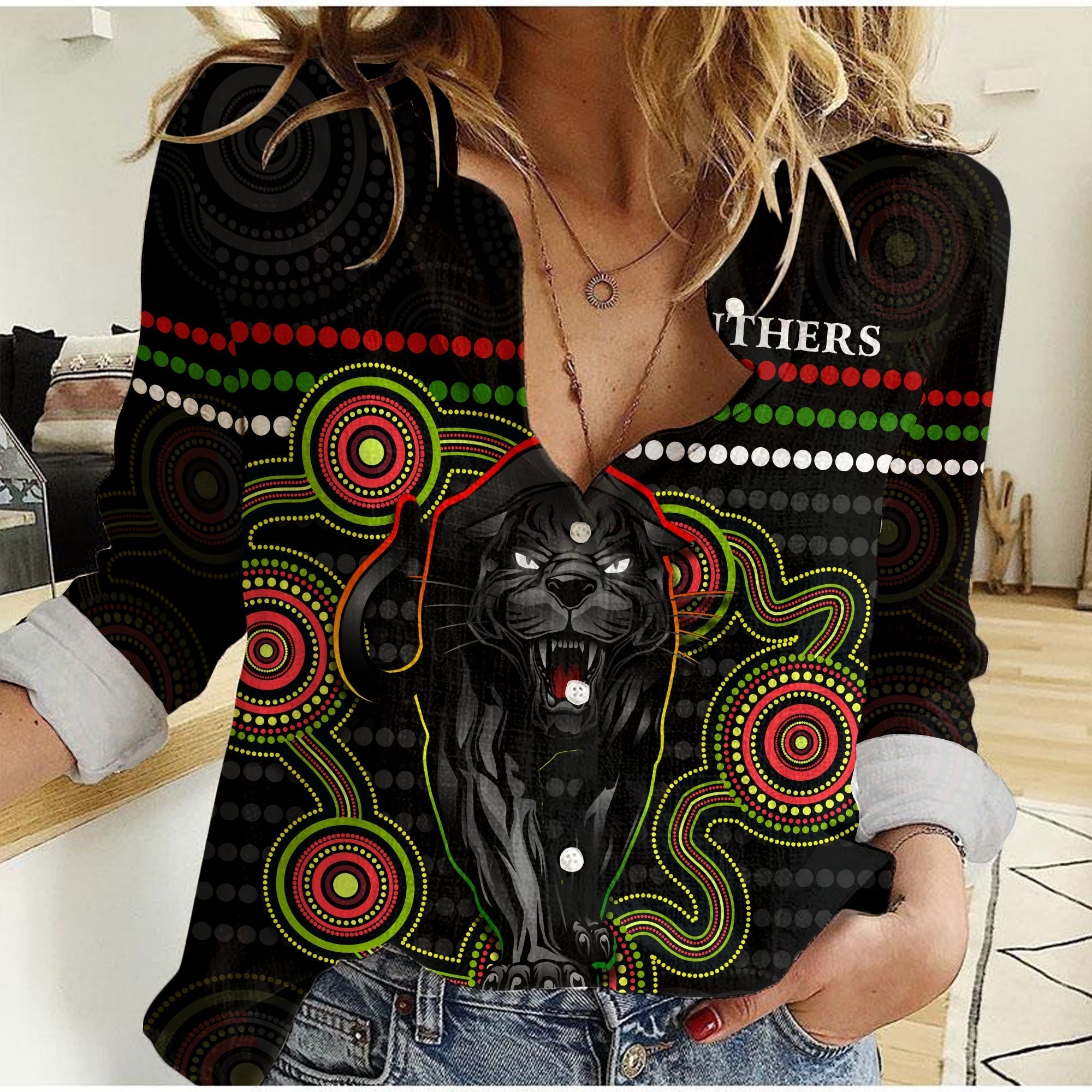 (Custom Personalised) Panthers Indigenous Women Casual Shirt Version Black Alternate - Vibe Hoodie Shop