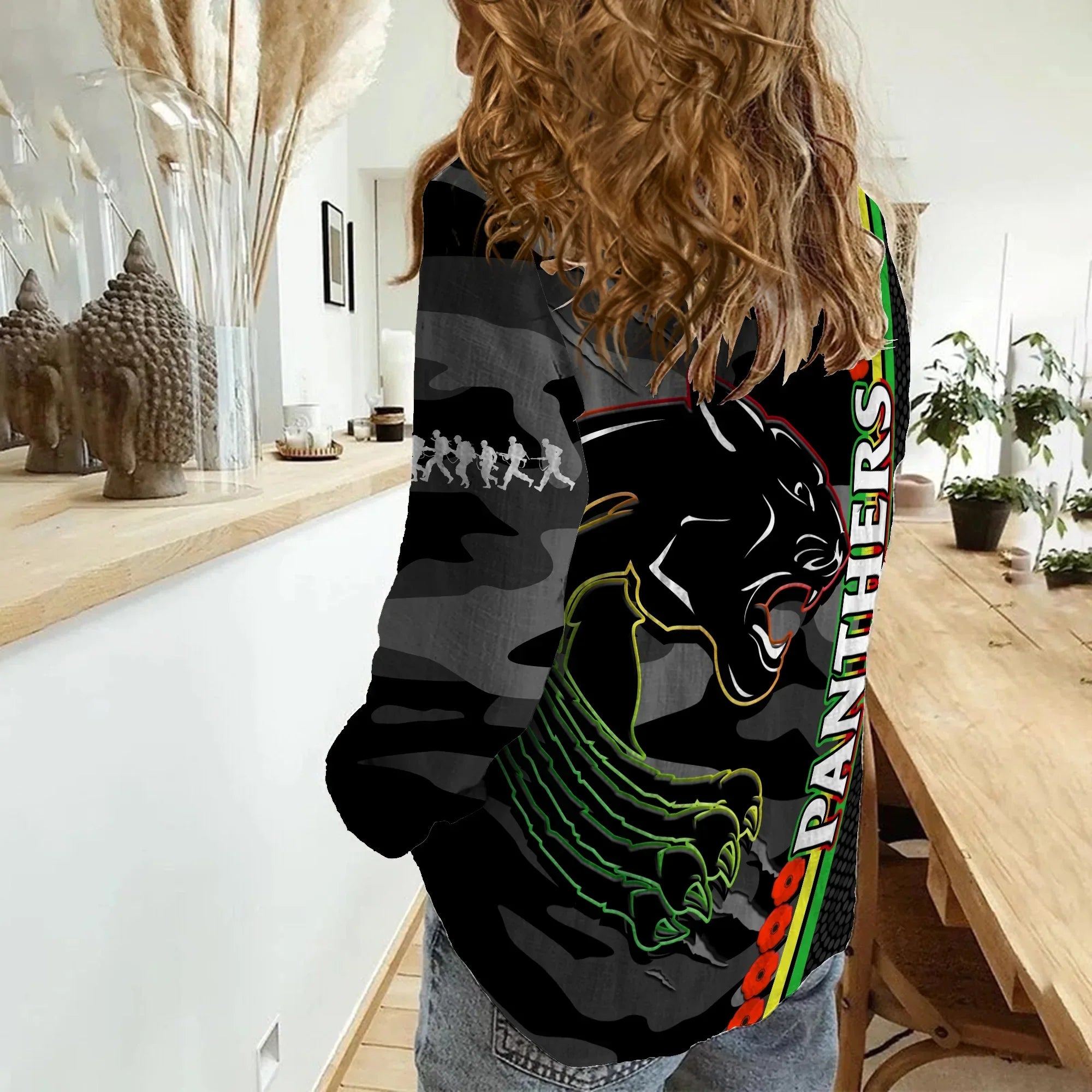 Panthers Rugby ANZAC Women Casual Shirt Aboriginal Mix Poppy Camouflage Black - Vibe Hoodie Shop