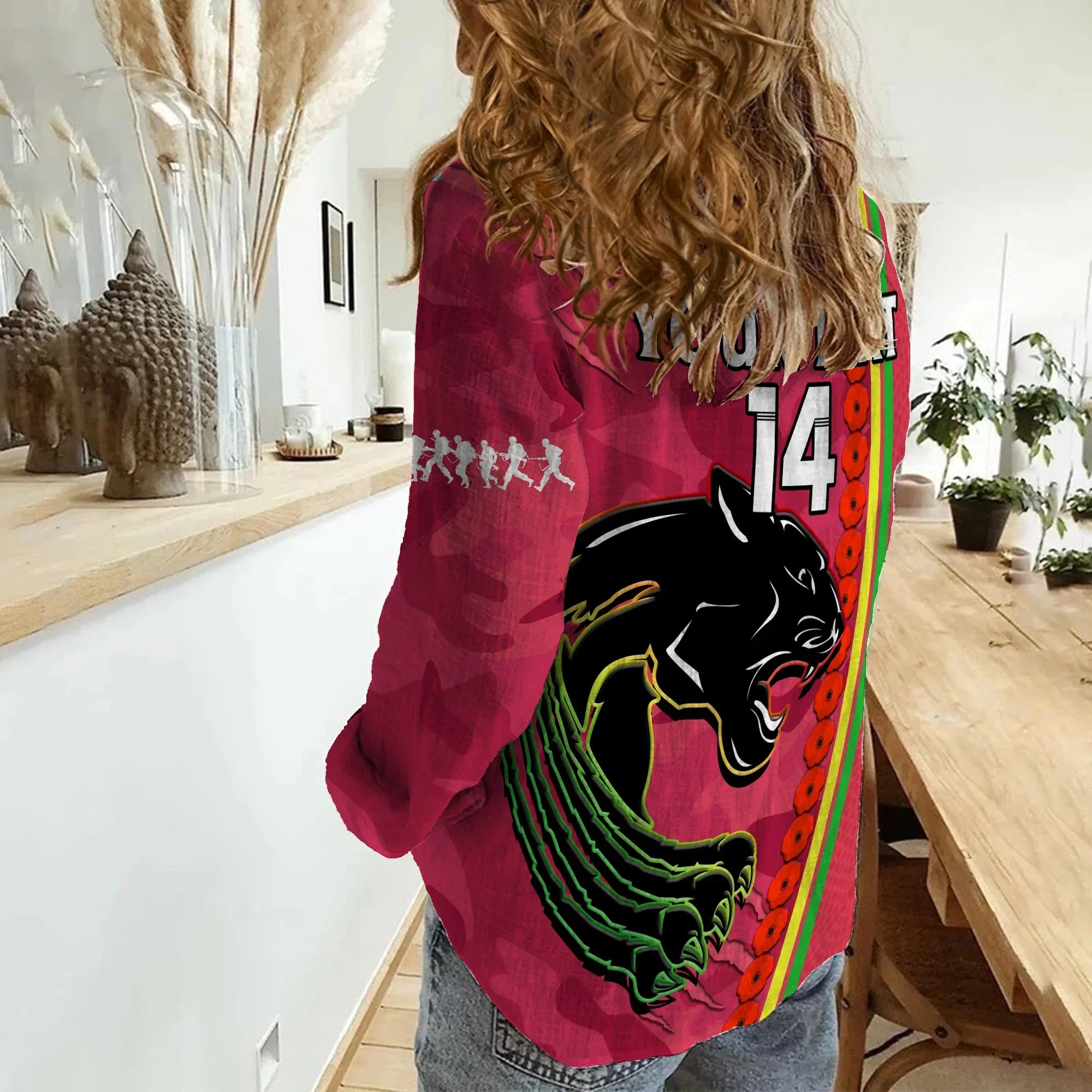 (Custom Text And Number) Panthers Rugby ANZAC Women Casual Shirt Aboriginal Mix Poppy Camouflage Pink - Vibe Hoodie Shop