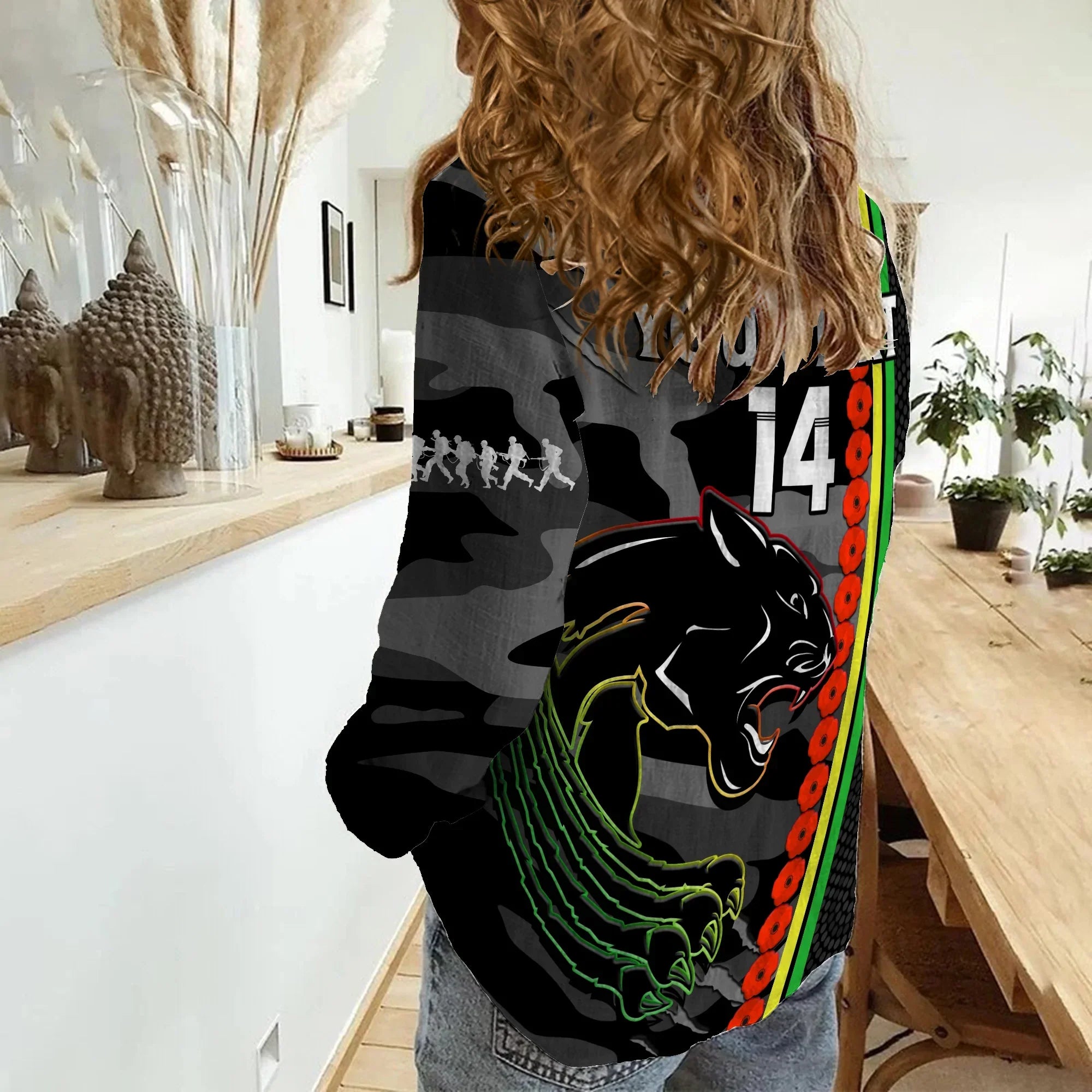 (Custom Text And Number) Panthers Rugby ANZAC Women Casual Shirt Aboriginal Mix Poppy Camouflage Black - Vibe Hoodie Shop