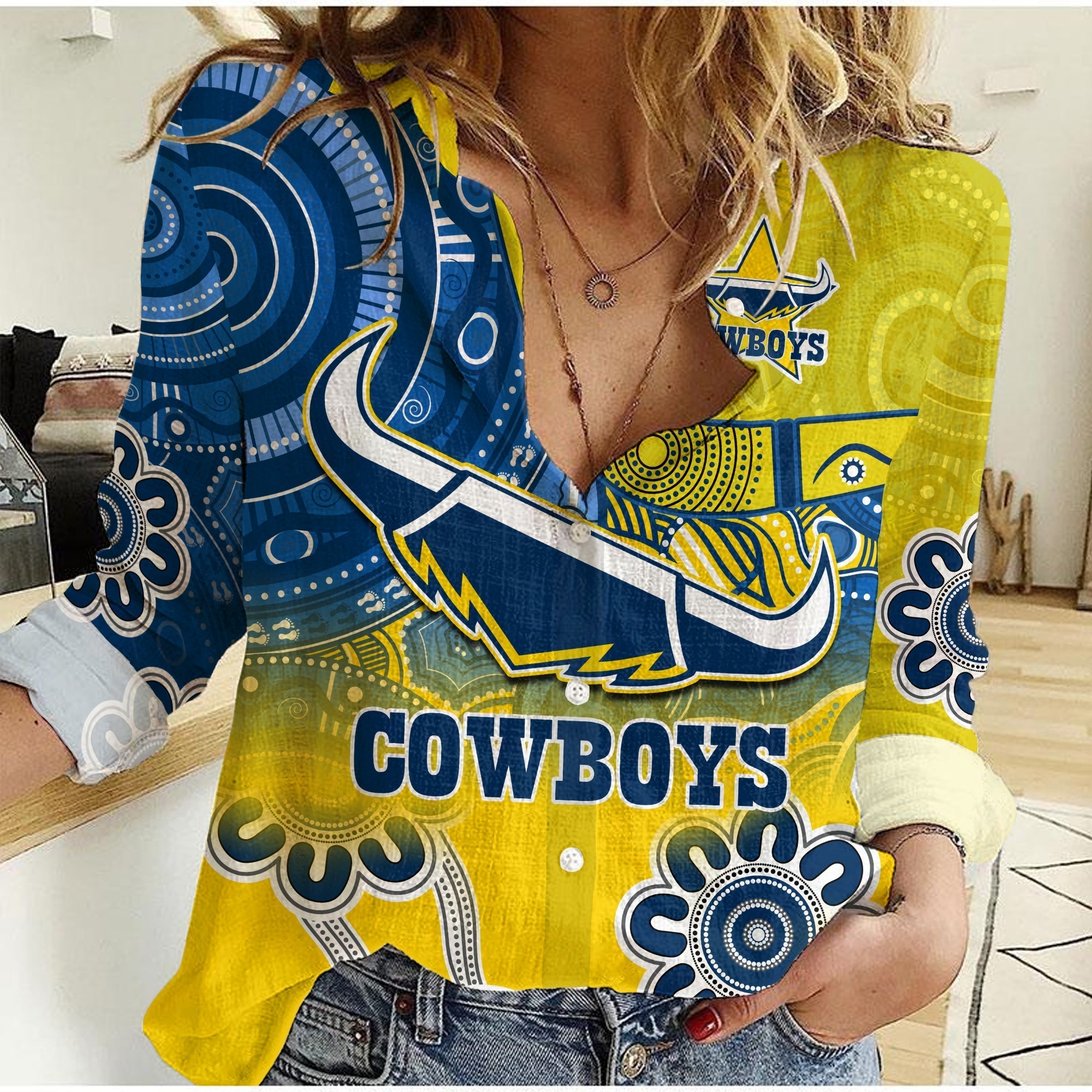 (Custom Personalised) Cowboys Rugby Women Casual Shirt Aboriginal Boomerang Go Premiers North Queensland - Vibe Hoodie Shop